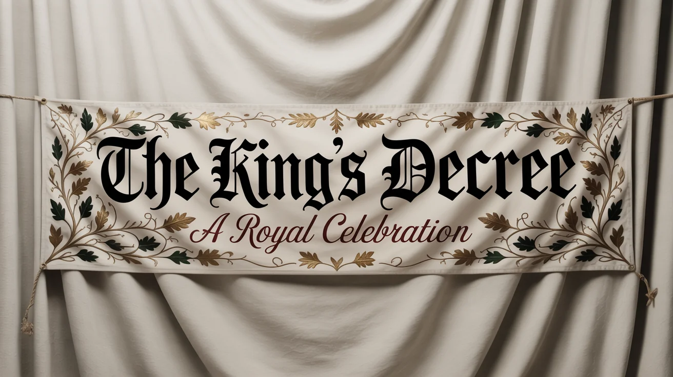 A mockup of a long horizontal banner in an Old English style, featuring the text 'The King's Decree' and 'A Royal Celebration' in Gothic script, surrounded by a gold and green ornate border, all on a white background.