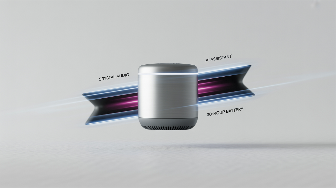 A still from a polished motion graphics product video showcasing a sleek smart speaker against a dynamic background of colorful shapes and light trails, with animated text highlighting its features.