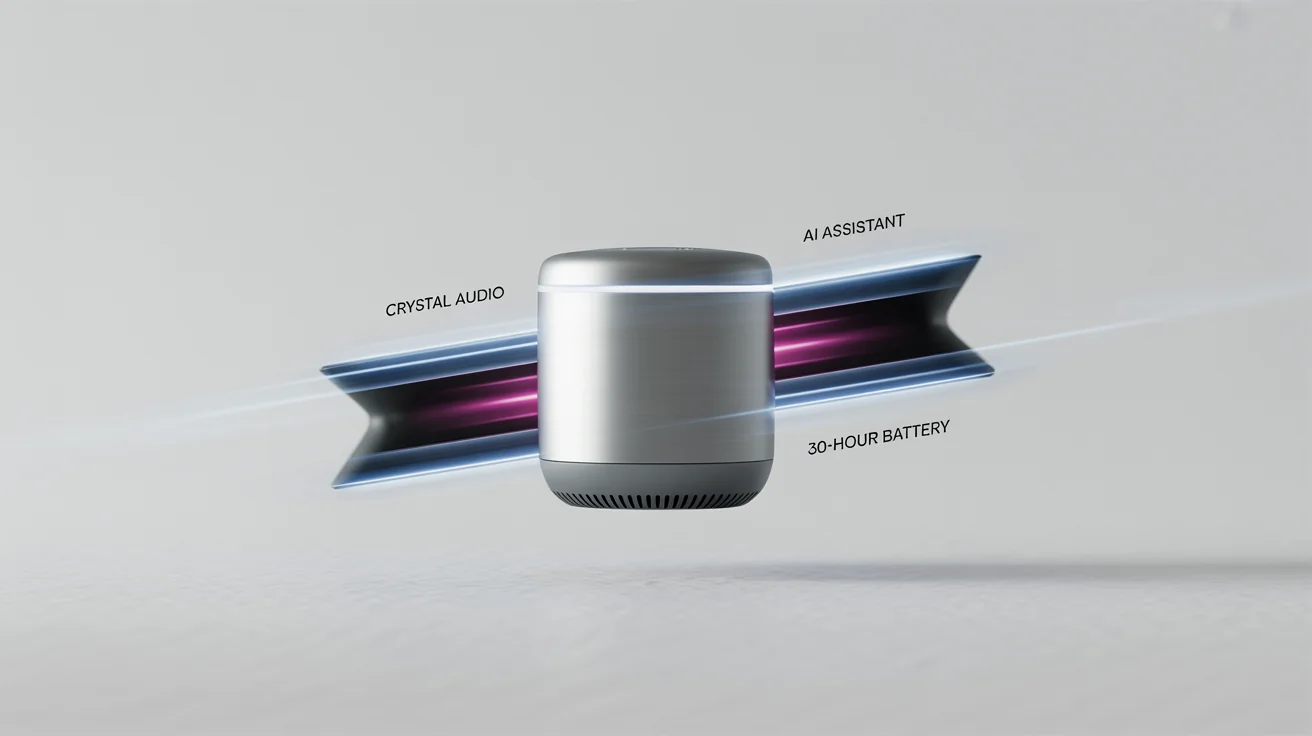 A still from a polished motion graphics product video showcasing a sleek smart speaker against a dynamic background of colorful shapes and light trails, with animated text highlighting its features.
