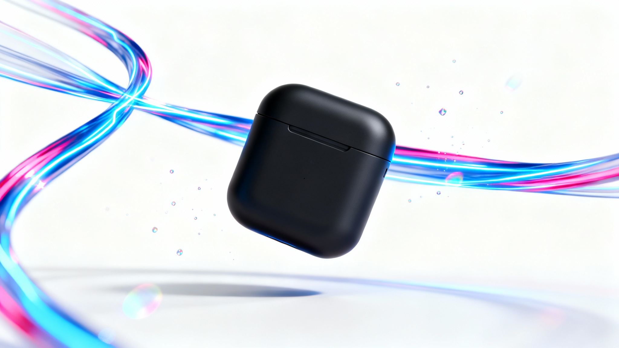A still from a motion graphics video showing a sleek black earbud case floating against a white background, with dynamic swirls of glowing blue and pink light weaving around it to signify movement and energy.