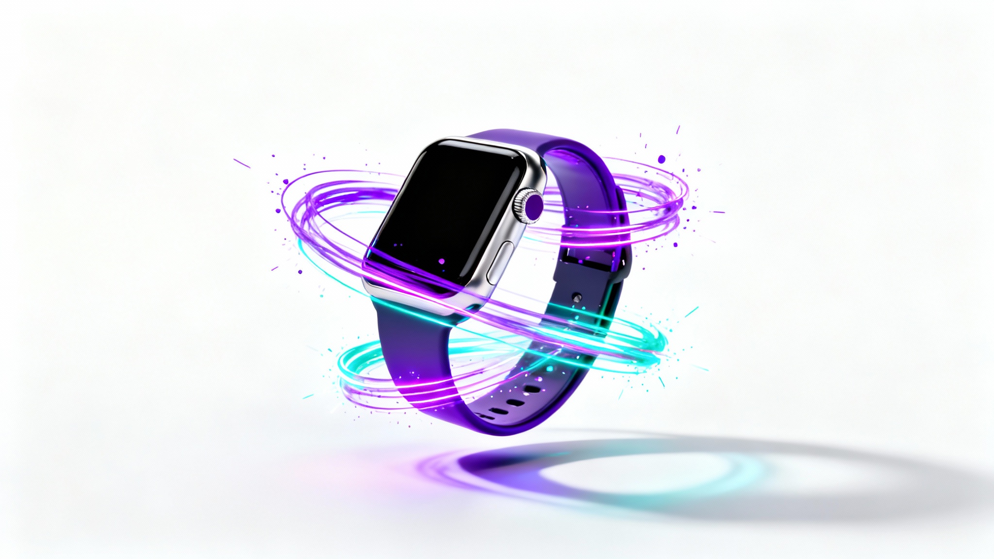 A modern, sleek smartwatch floating against a white background, with dynamic swirls of neon purple and blue light encircling it, representing a frame from a motion graphics product video.