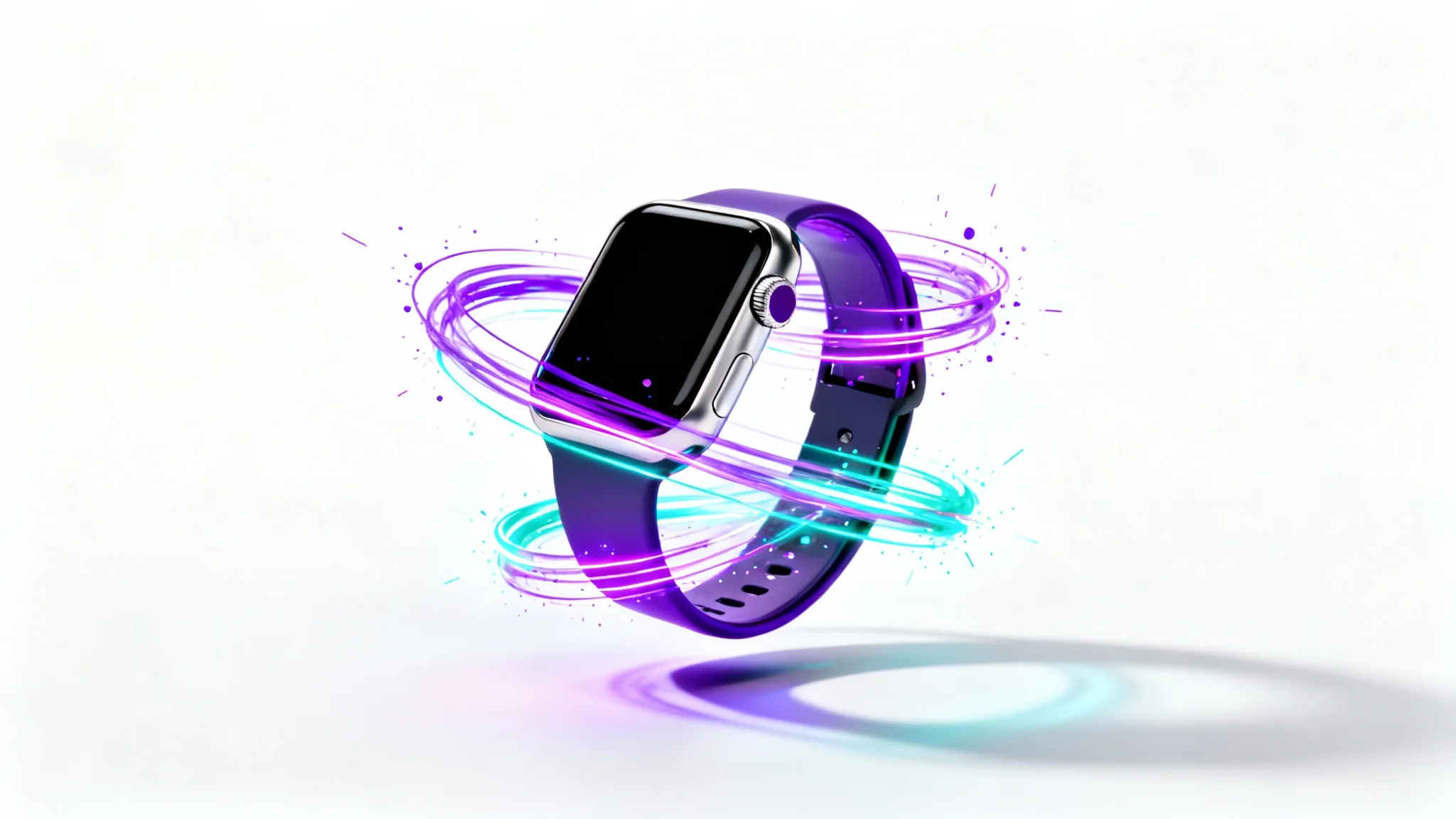A modern, sleek smartwatch floating against a white background, with dynamic swirls of neon purple and blue light encircling it, representing a frame from a motion graphics product video.