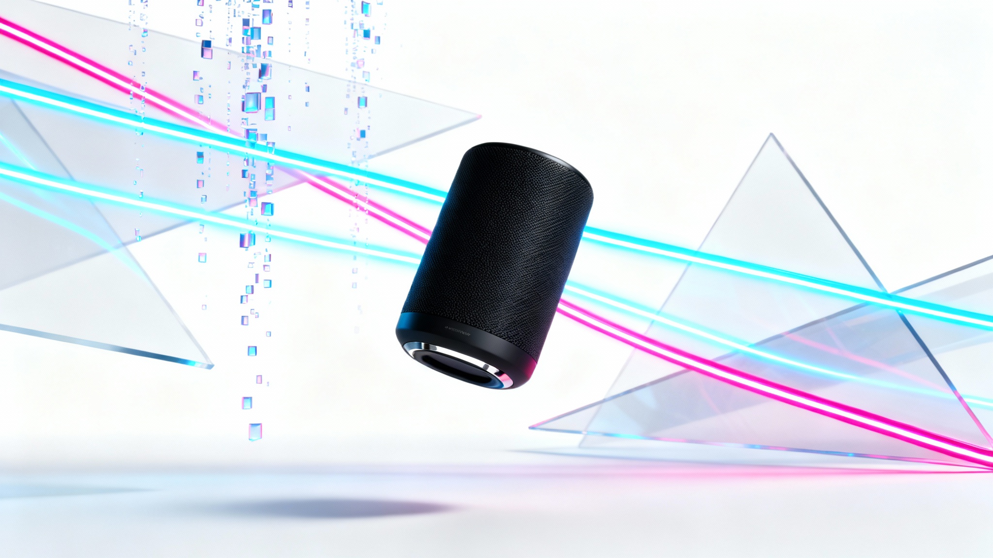 A sleek, matte black wireless speaker is shown floating against a white background, with vibrant blue and magenta motion graphics swirling around it to represent a dynamic product video.