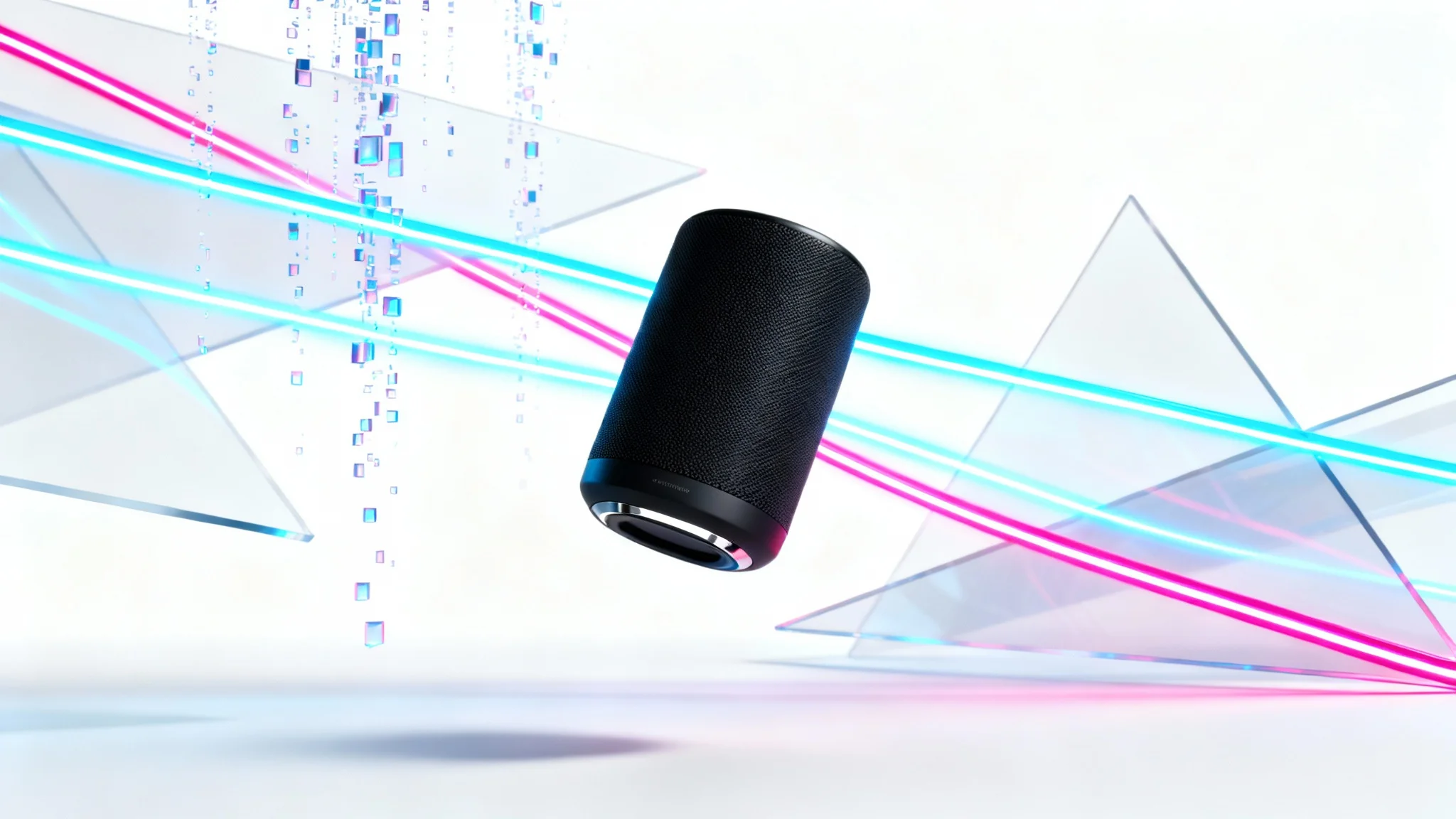 A sleek, matte black wireless speaker is shown floating against a white background, with vibrant blue and magenta motion graphics swirling around it to represent a dynamic product video.