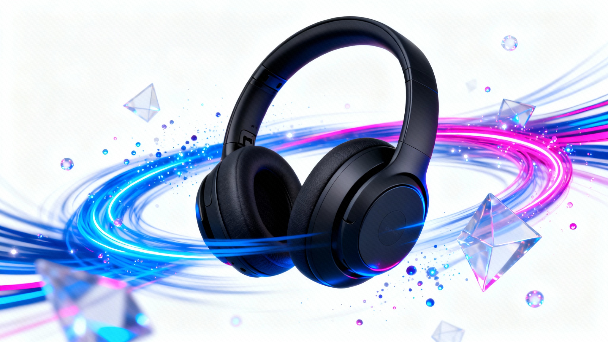 A sleek black wireless headphone is surrounded by vibrant blue and pink motion graphics, symbolizing a dynamic product video.