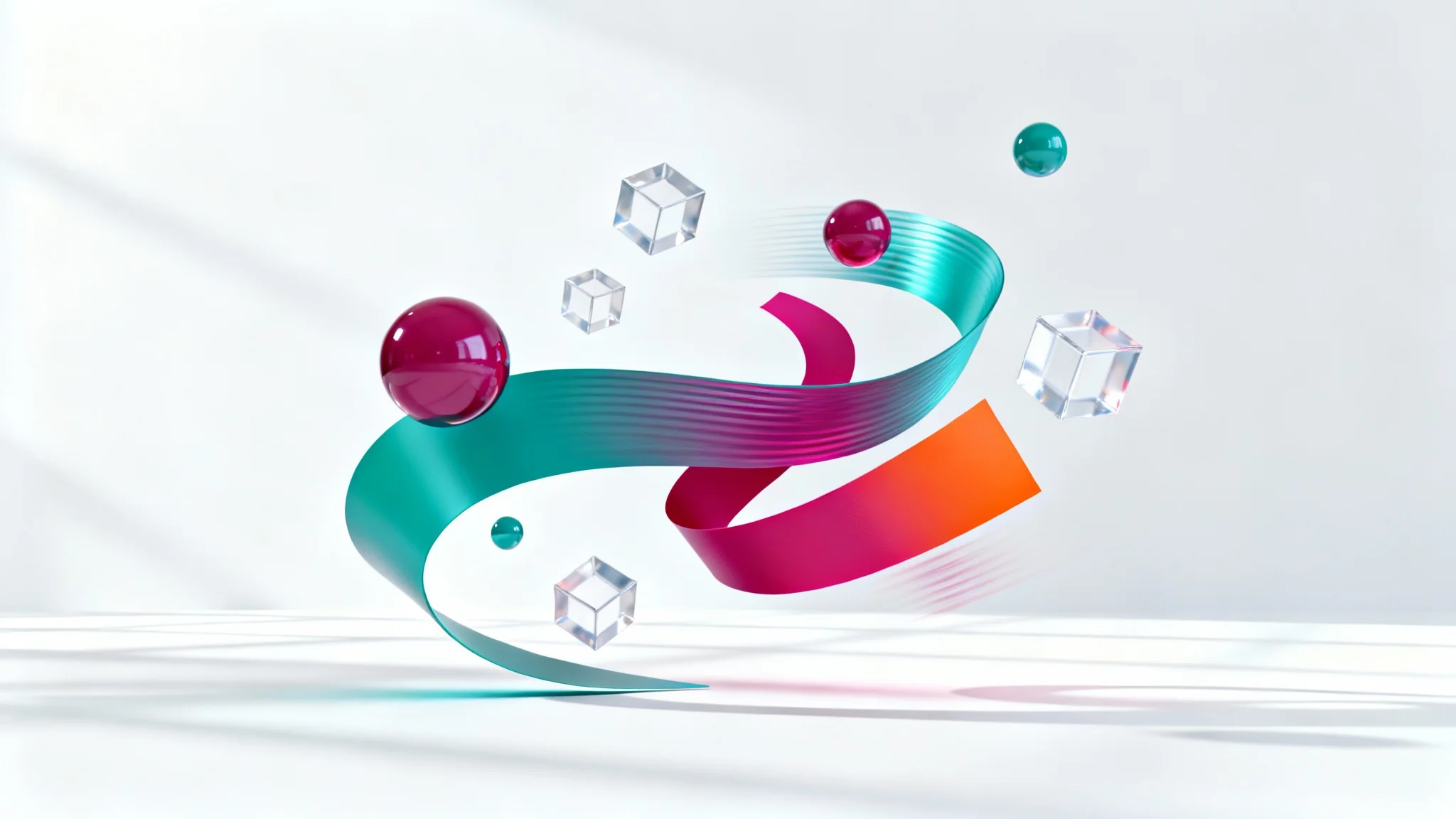 Abstract 3D shapes in vibrant colors floating against a white background, symbolizing a motion graphics product video.