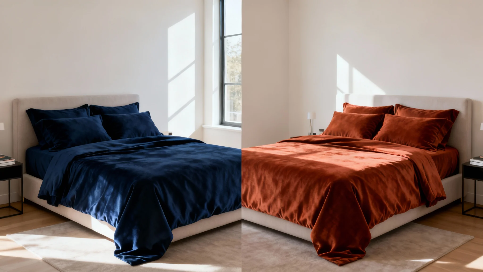 A split-screen hero image showing a bedroom with a large bed. On the left, the bed has navy blue sheets, and on the right, the same bed has terracotta colored sheets, demonstrating a color change feature.