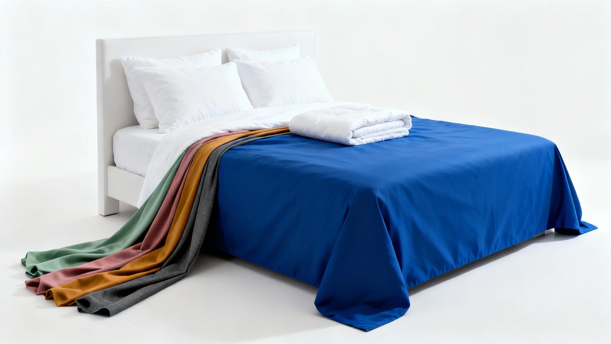 A photorealistic mockup of a bed with white pillows and a duvet against a white background. The bed features cobalt blue sheets, and a fan of colorful fabric swatches extends from the corner, showing different color options for the sheets.