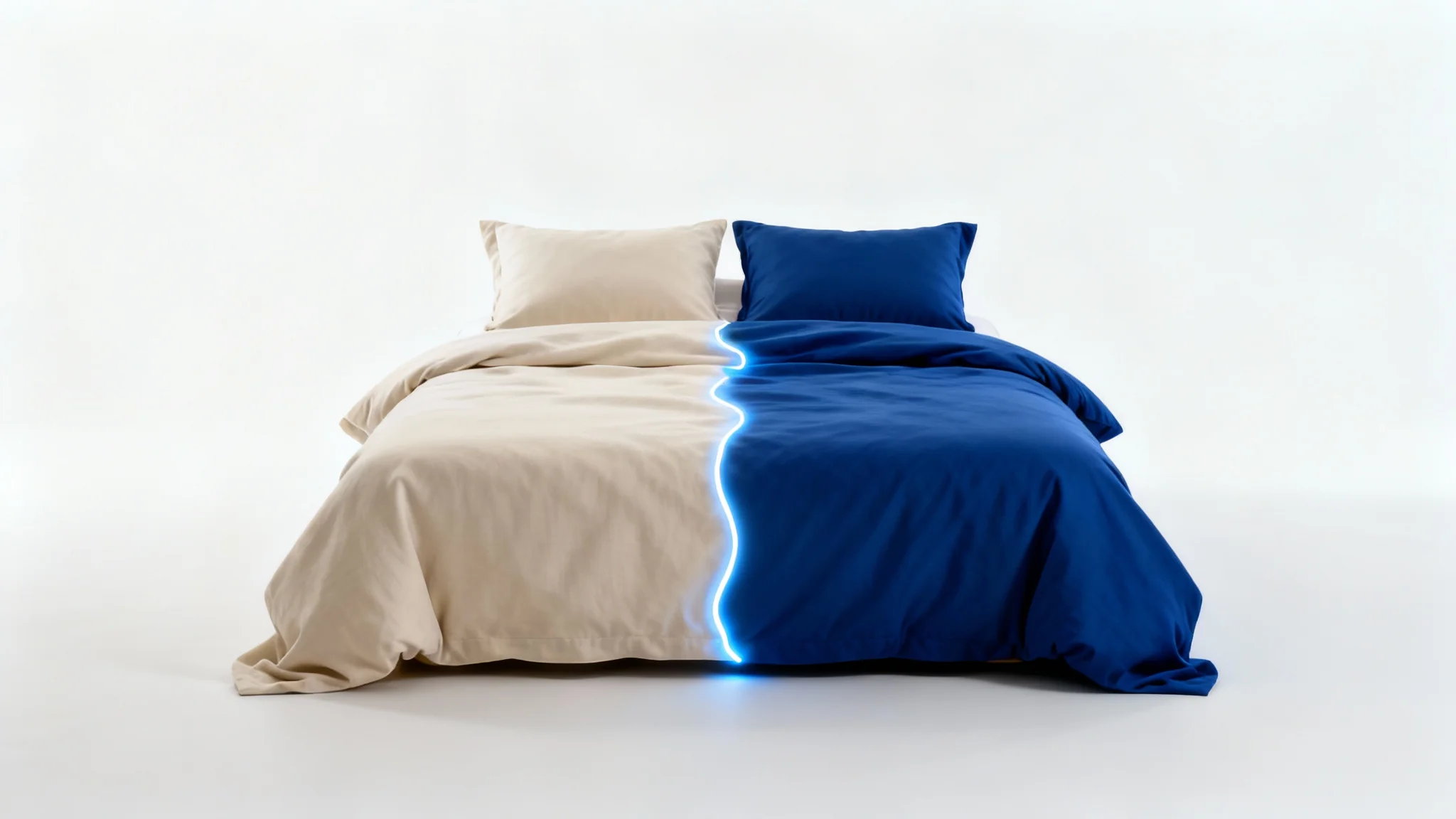 A photorealistic mockup of a bed with its sheets and duvet dynamically changing color from neutral beige to deep sapphire blue, set against a stark white background.