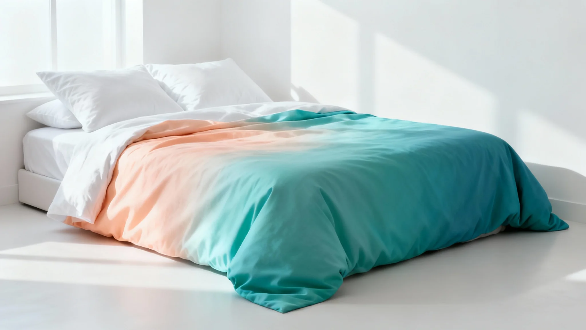 A photorealistic image of a bed in a minimalist room, with the duvet magically changing color from teal to peach against a clean white background.