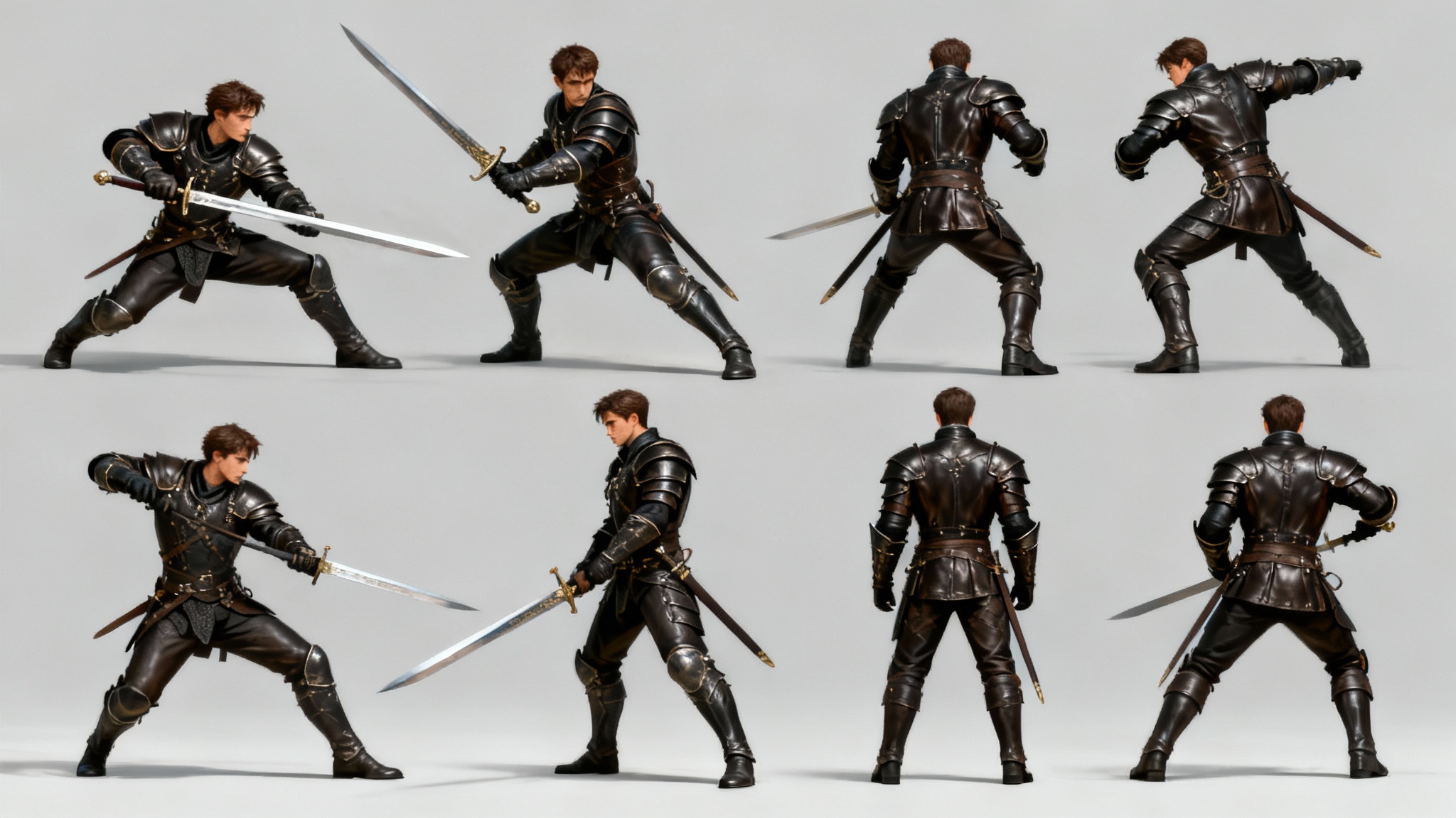 A character reference sheet showing a male warrior in dark leather armor performing six different dynamic sword-fighting poses against a clean, light gray background.