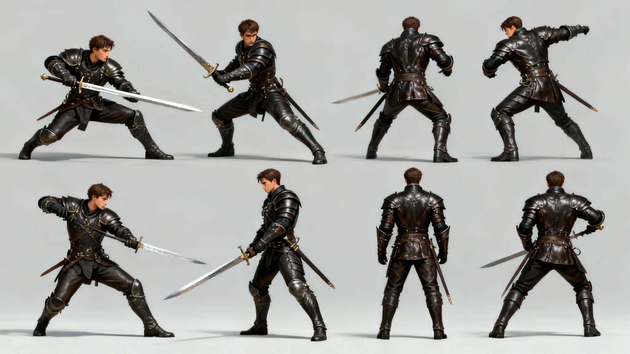 A character reference sheet showing a male warrior in dark leather armor performing six different dynamic sword-fighting poses against a clean, light gray background.