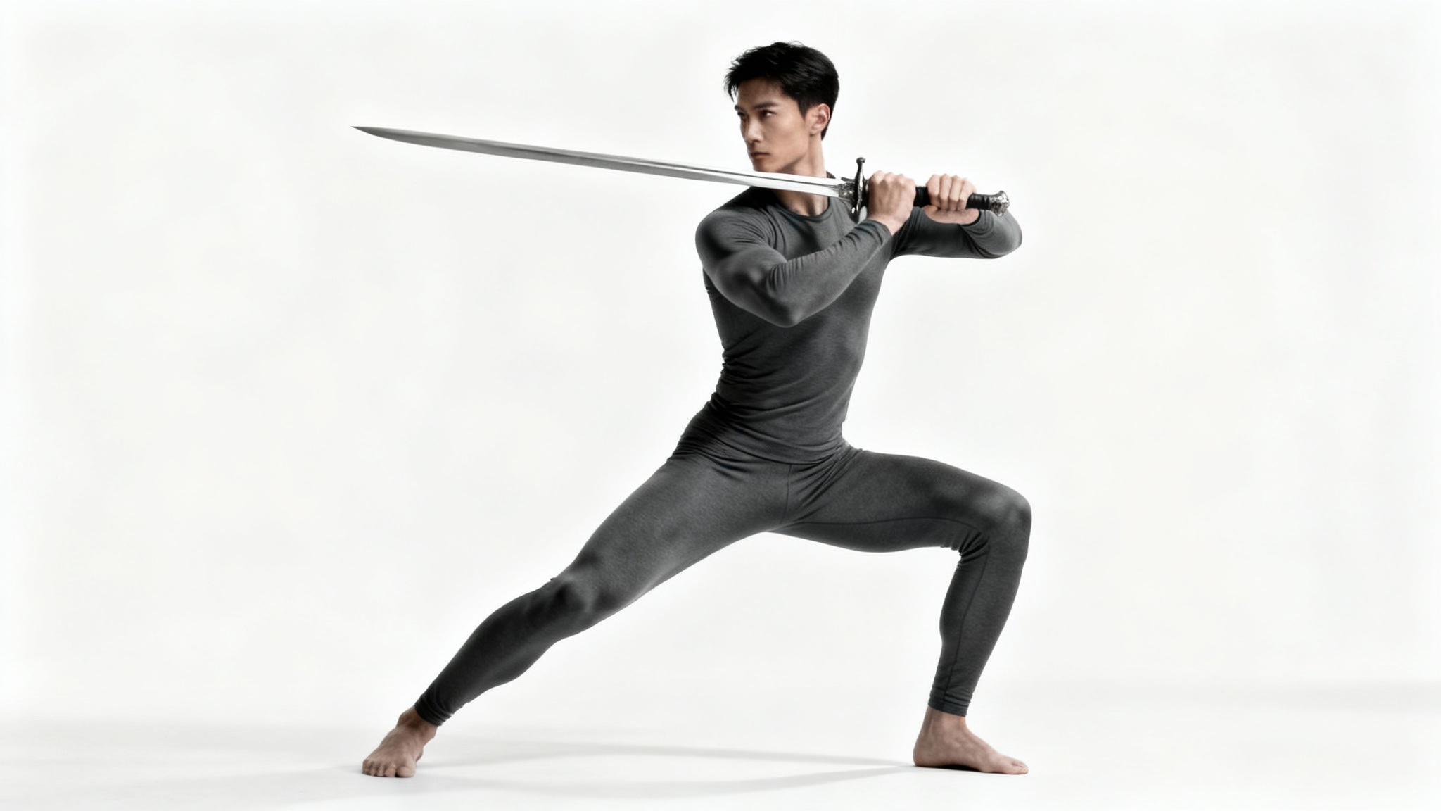 A full-body, photorealistic image of a character in a dynamic sword-fighting pose against a plain white background, intended as a reference for artists.