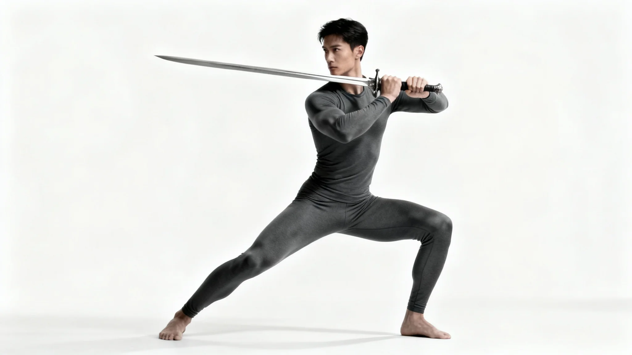A full-body, photorealistic image of a character in a dynamic sword-fighting pose against a plain white background, intended as a reference for artists.
