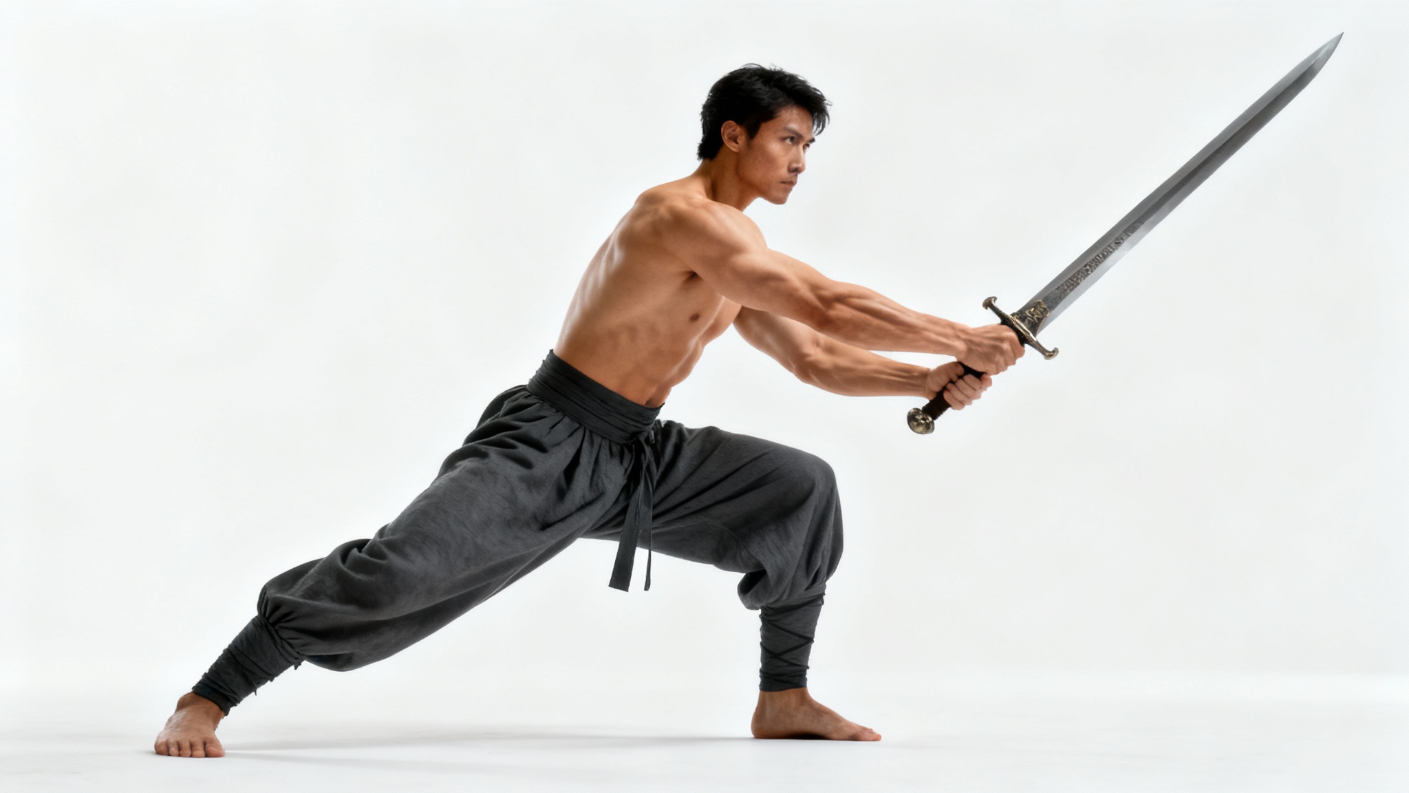 A photorealistic image of a shirtless male warrior in a dynamic lunge pose holding a sword, set against a clean white background, intended as a pose reference for artists.