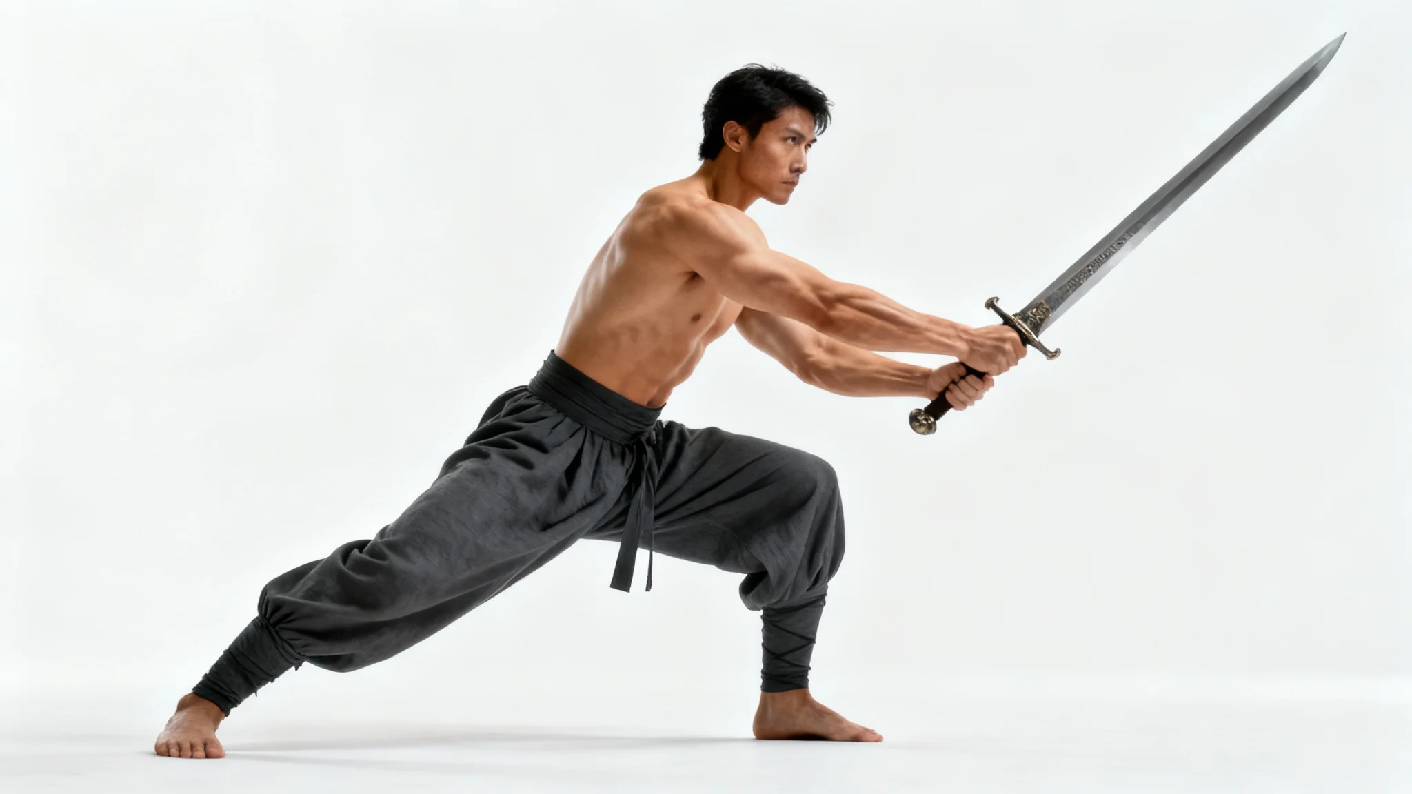 A photorealistic image of a shirtless male warrior in a dynamic lunge pose holding a sword, set against a clean white background, intended as a pose reference for artists.