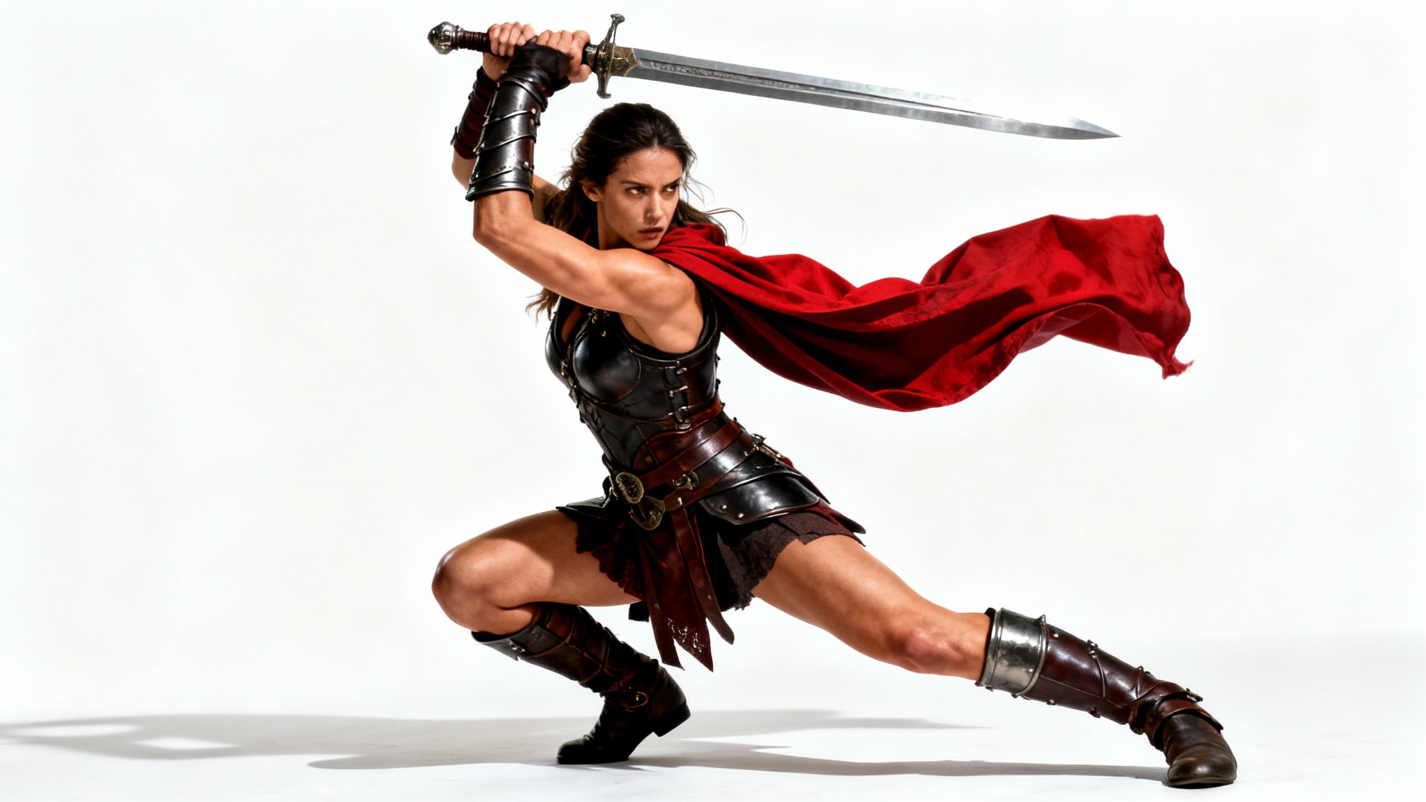 A female warrior in fantasy armor lunges forward on a white background, raising a longsword above her head in a dynamic pose for an attack.