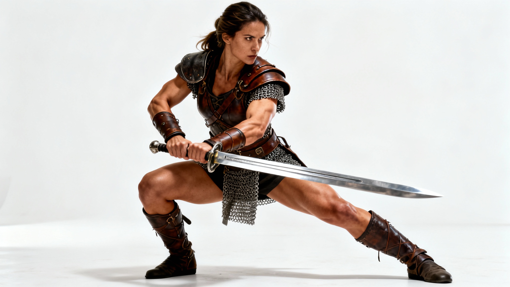 A photorealistic, full-body image of a female warrior in a dynamic sword-fighting pose against a plain white background, intended as an artistic reference.