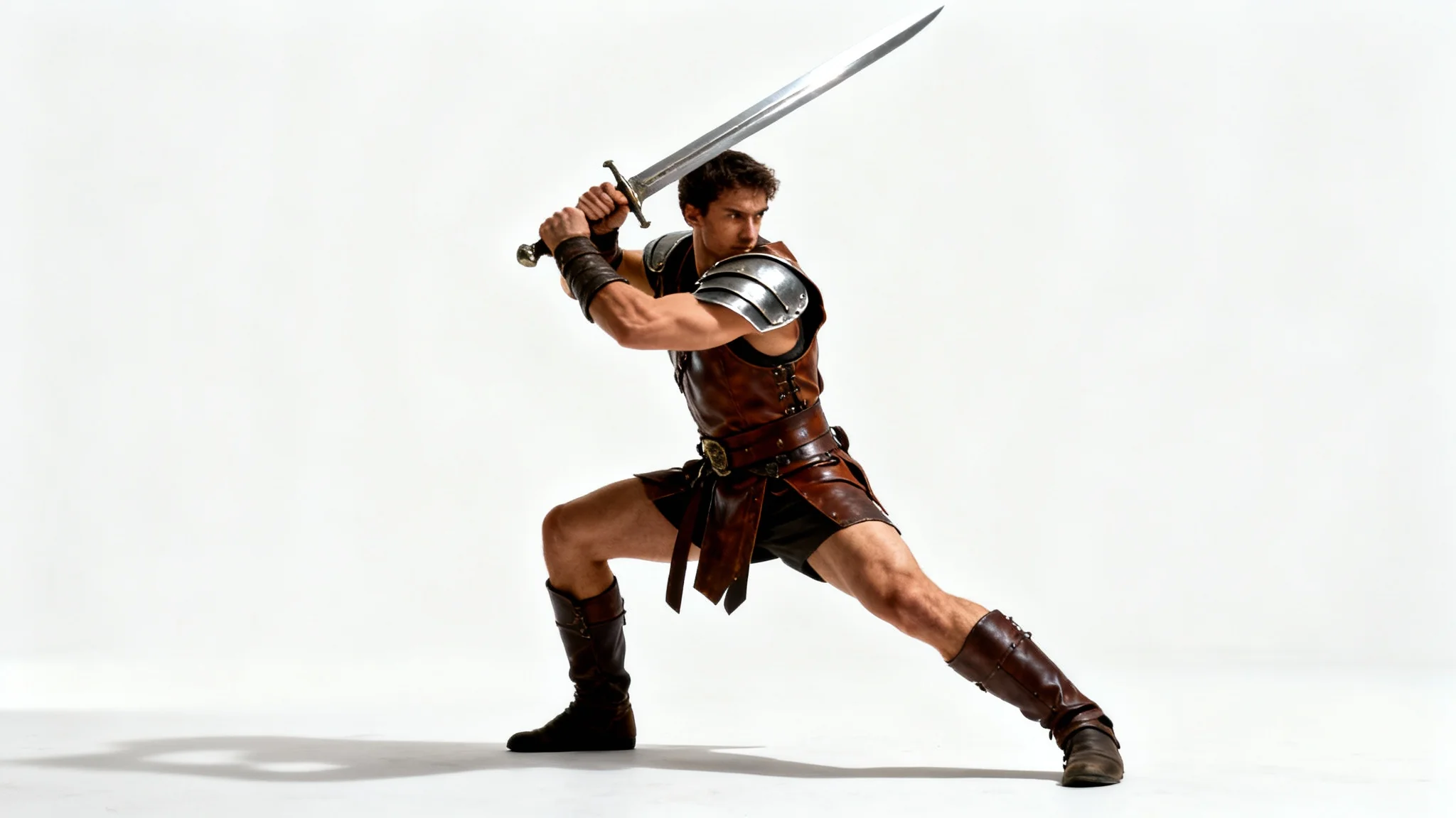 A realistic digital illustration of a warrior in a dynamic sword-fighting pose against a white background, suitable for artistic reference.