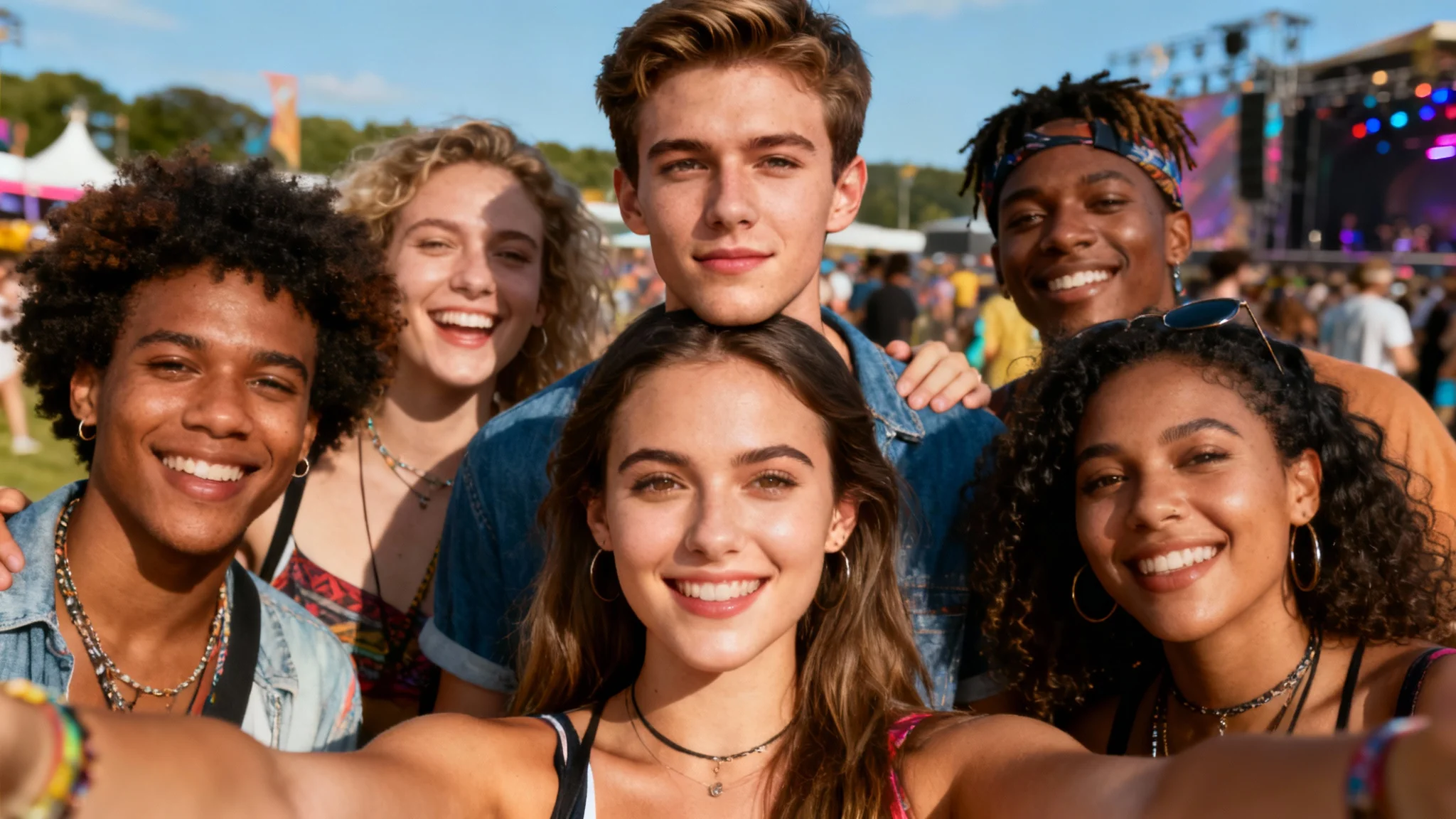 An eye-catching hero image demonstrating a face swap tool, showing a group of friends where one person's face has been seamlessly and humorously swapped with another.