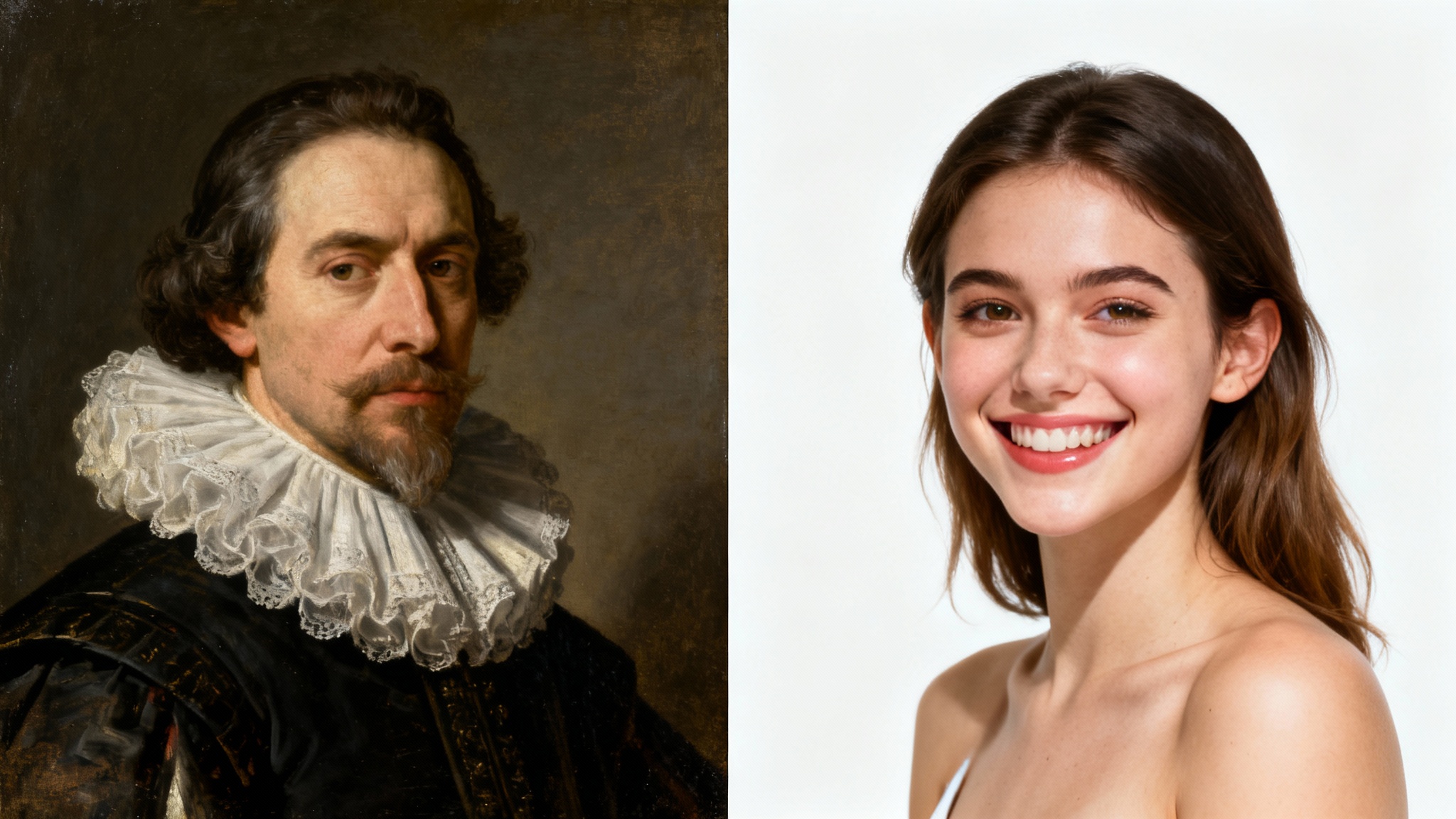 Conceptual image of a face swap, where the face of a modern woman is swapped onto a classical portrait of a nobleman, and his face is swapped onto her modern photograph.