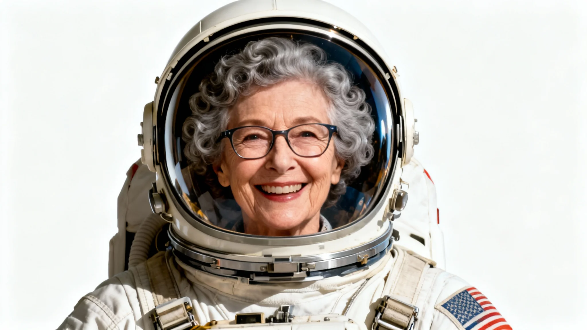 A humorous face swap mockup showing a cheerful elderly woman's face inside the helmet of a vintage astronaut suit, set against a clean white background.