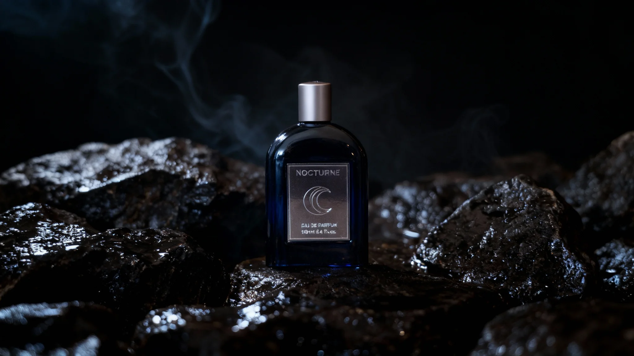 A luxurious product shot of a sleek black perfume bottle with a silver cap, set against a dark, moody background of wet rocks and smoke, creating a mysterious and high-end feel.
