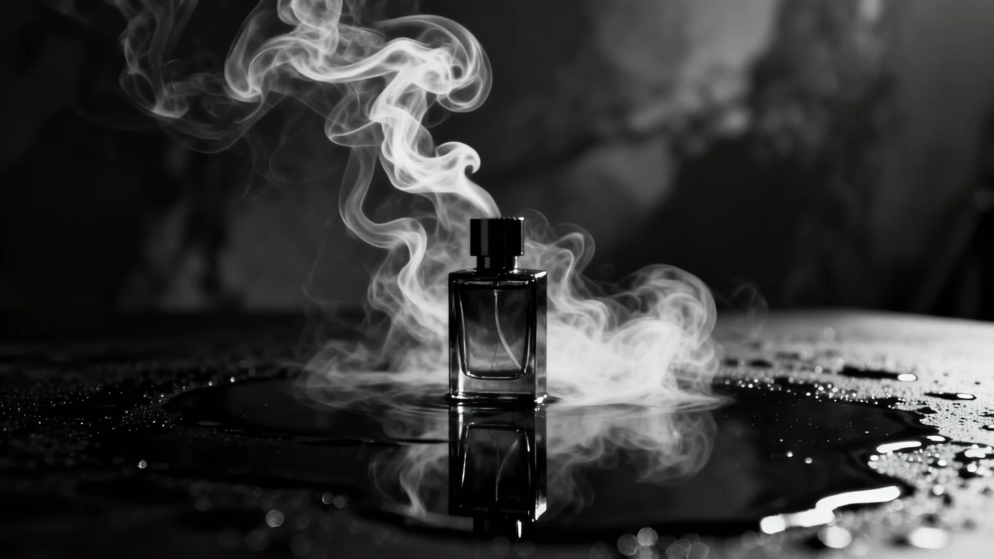A luxurious and moody dark background with ethereal white smoke drifting over a wet, reflective black surface, illuminated by a single dramatic light source.