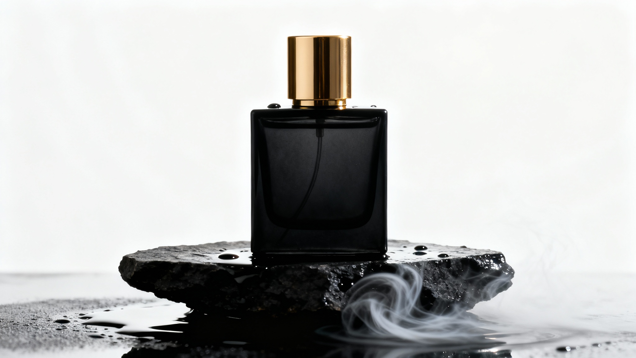 A sleek matte black perfume bottle with a gold cap, resting on a piece of wet dark stone with smoke wisps, isolated against a solid white background.