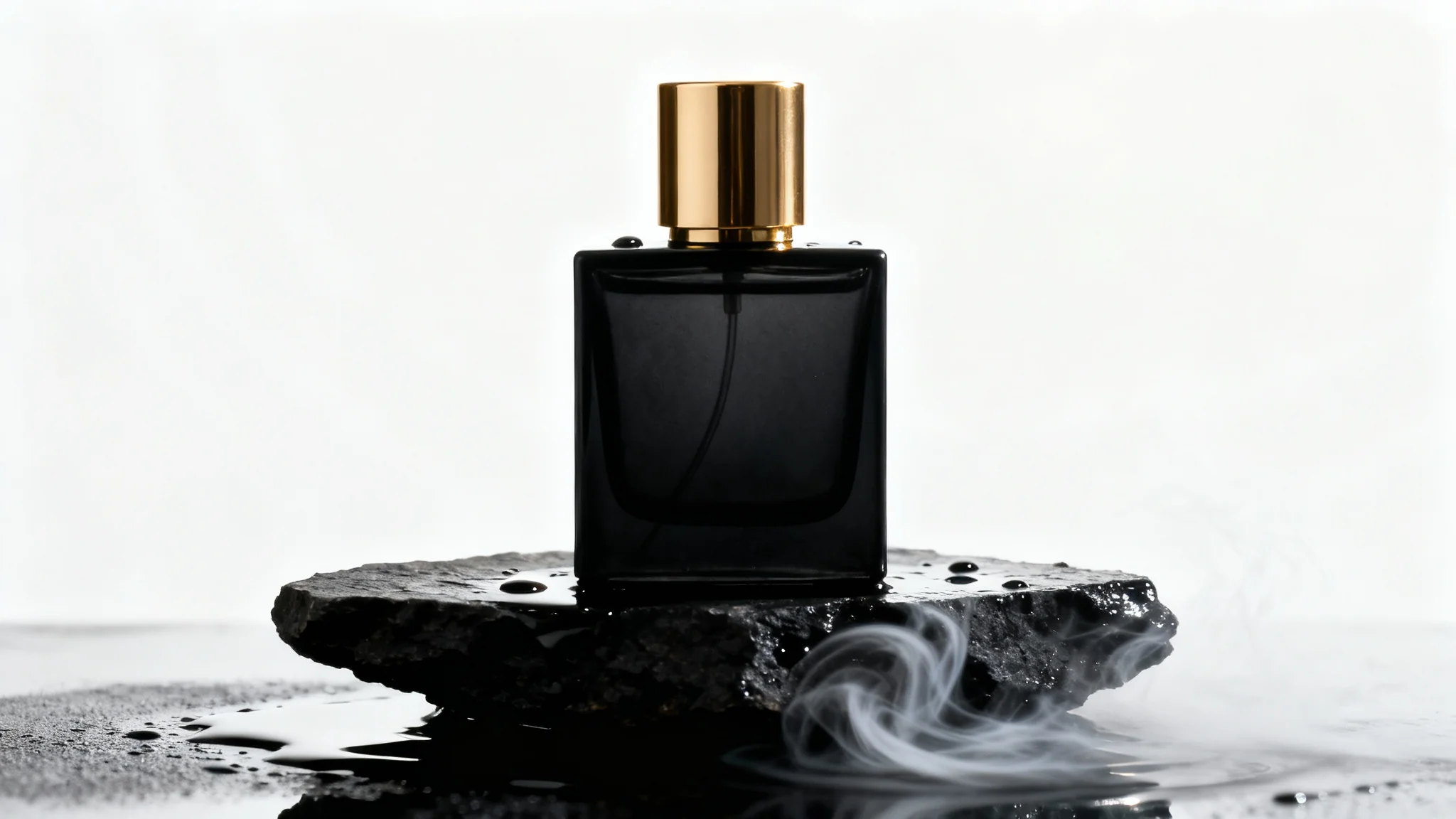 A sleek matte black perfume bottle with a gold cap, resting on a piece of wet dark stone with smoke wisps, isolated against a solid white background.