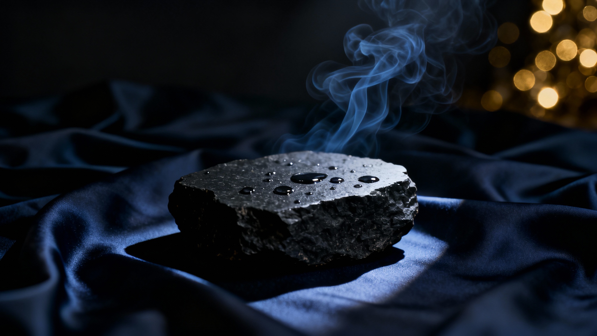 A luxurious dark background for a perfume advertisement, featuring a wet black slate stone platform surrounded by deep blue silk and ethereal smoke, with dramatic, moody lighting.
