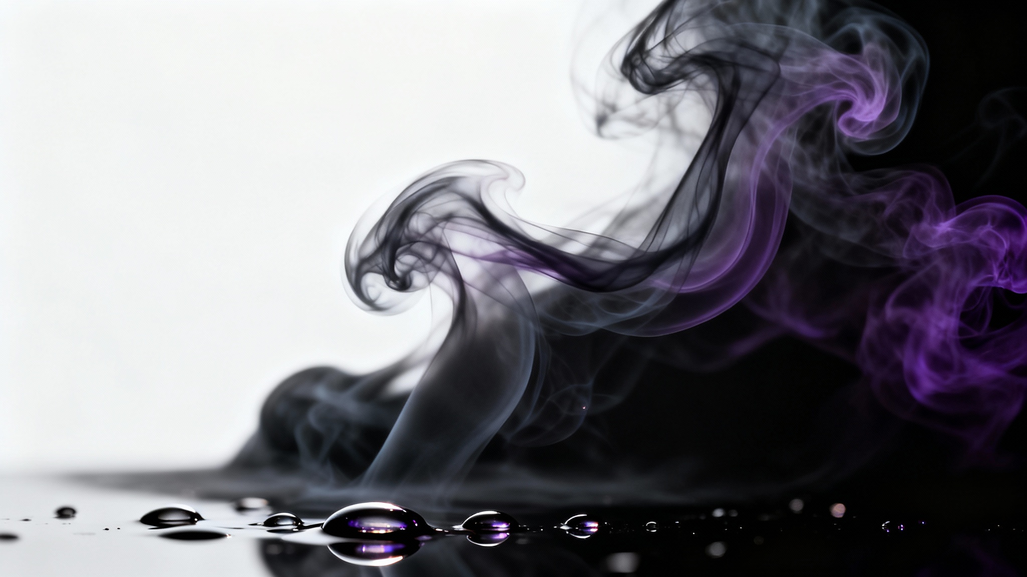 A sophisticated and mysterious dark background featuring elegant swirls of dark smoke with purple undertones, dramatically lit to create a luxurious and enigmatic atmosphere for a perfume concept.