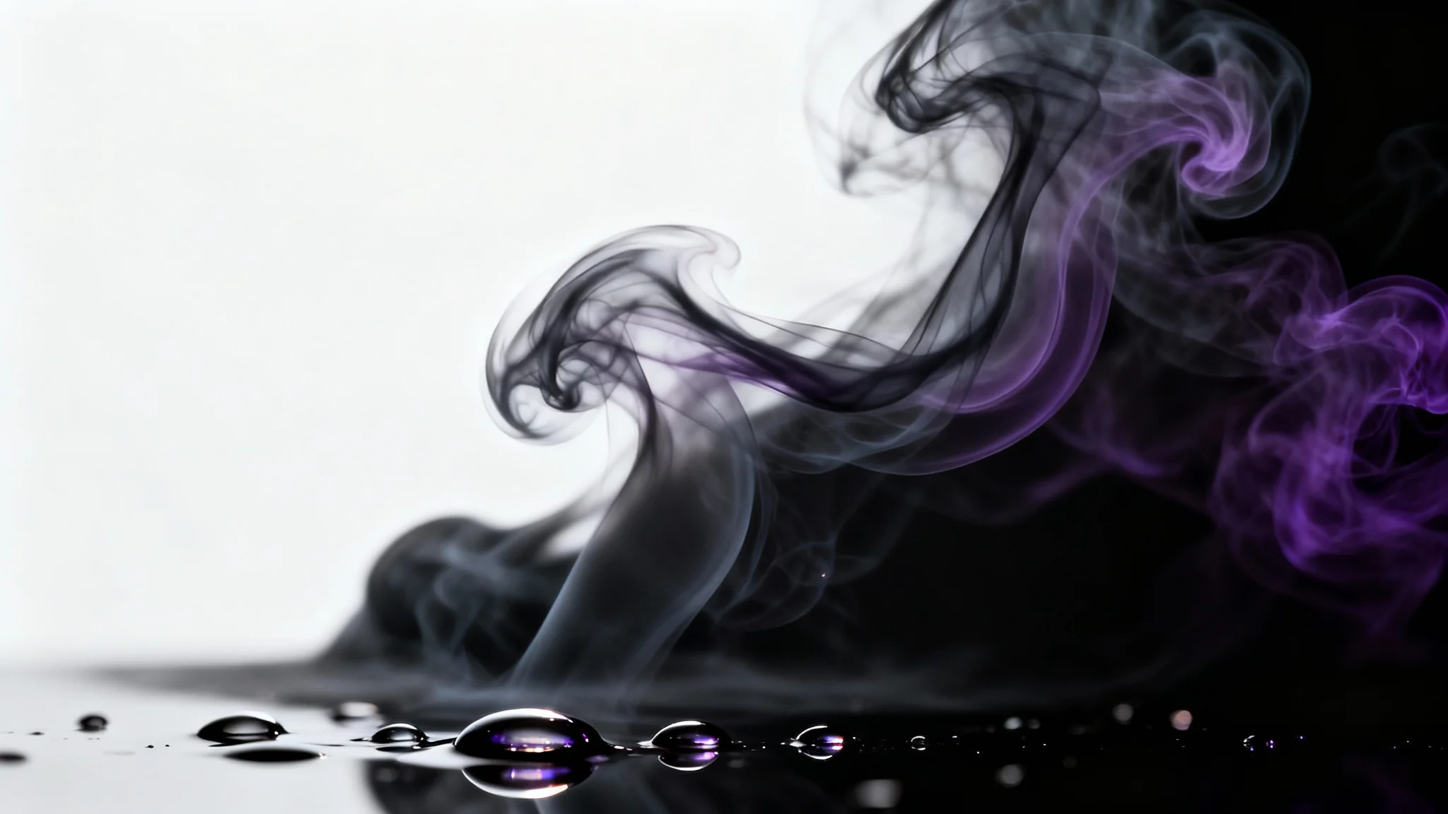 A sophisticated and mysterious dark background featuring elegant swirls of dark smoke with purple undertones, dramatically lit to create a luxurious and enigmatic atmosphere for a perfume concept.