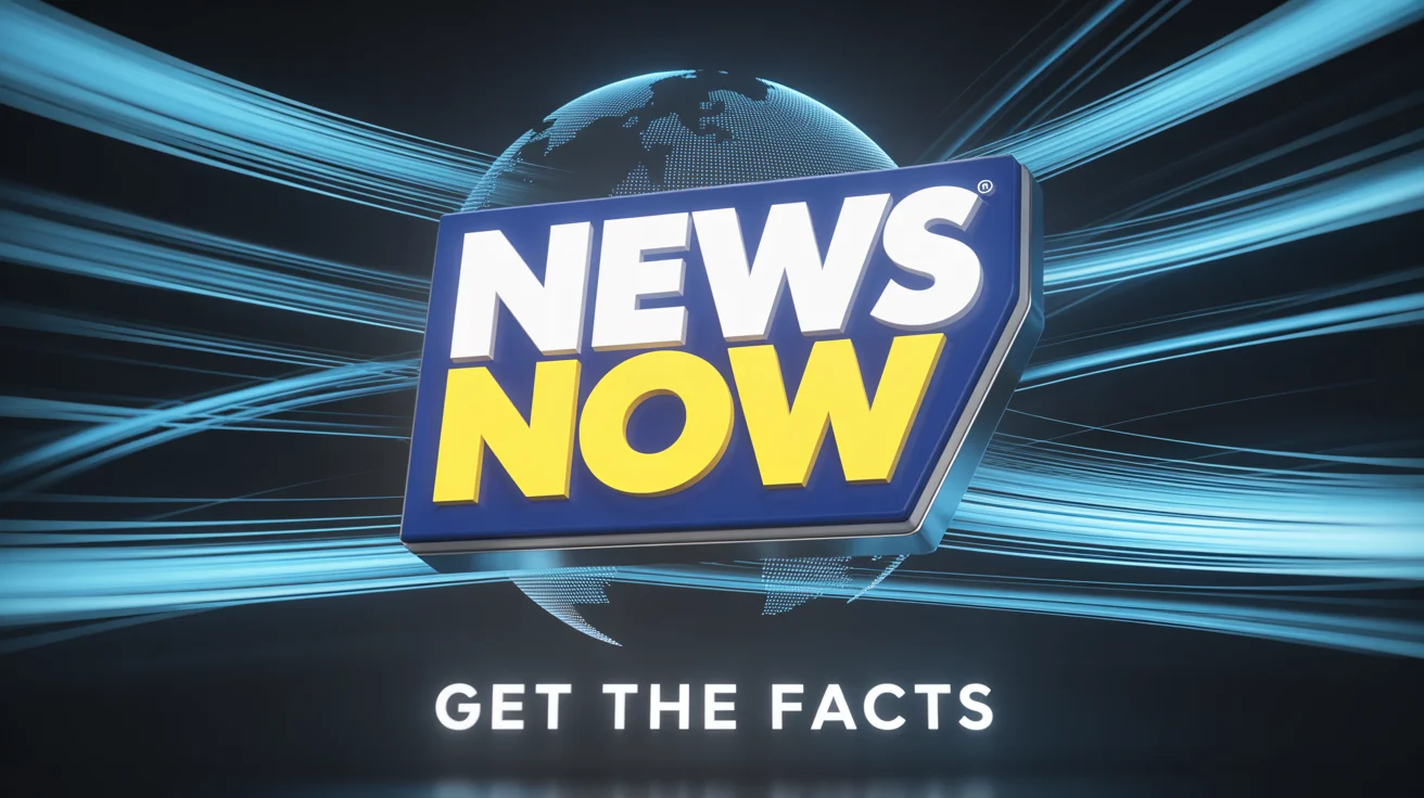 A professional logo for the 'NEWS NOW' news channel, showcased in a dynamic hero image. The navy blue and yellow logo is centered in a high-tech news broadcast graphic with a wireframe globe and light streaks.