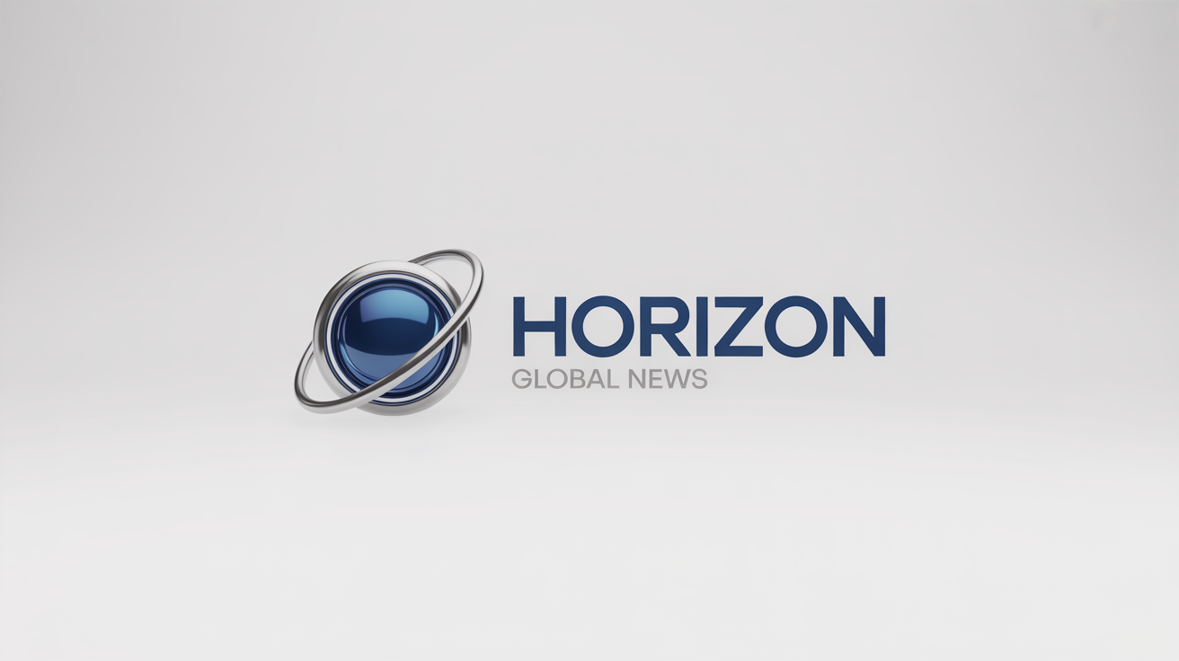 A professional and modern logo for a fictional news channel named 'Horizon Global News', featuring a stylized globe icon and bold text, presented as a mockup on a clean white background.