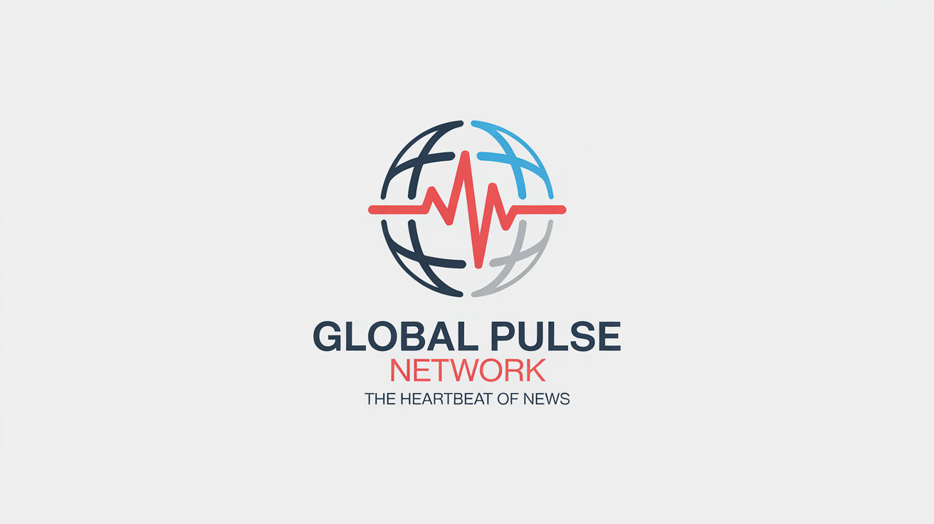 A professional logo for a fictional news channel named 'Global Pulse Network', featuring a stylized globe icon with a red pulsing line. The company name and tagline are displayed below the icon on a clean white background.