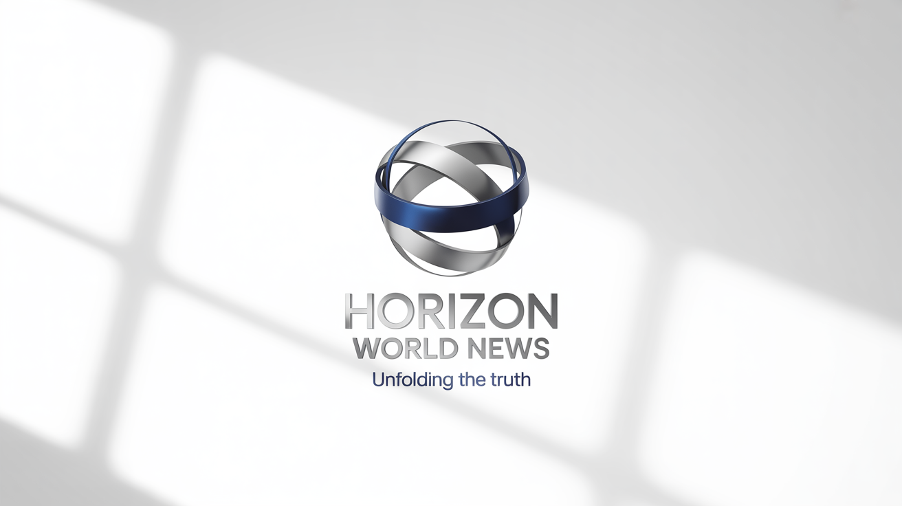 A professional logo mockup for a fictional news channel named 'HORIZON WORLD NEWS' with the tagline 'Unfolding the Truth'. The design features a stylized globe icon in blue and silver, conveying a modern and trustworthy brand identity.