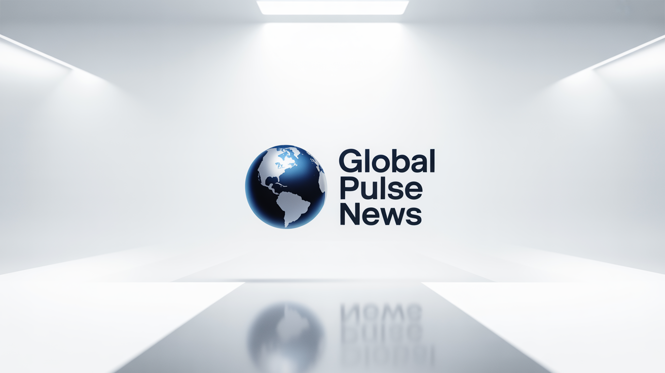 A modern logo for a fictional news channel called 'Global Pulse News', featuring a blue and silver globe icon next to the channel name on a white background.