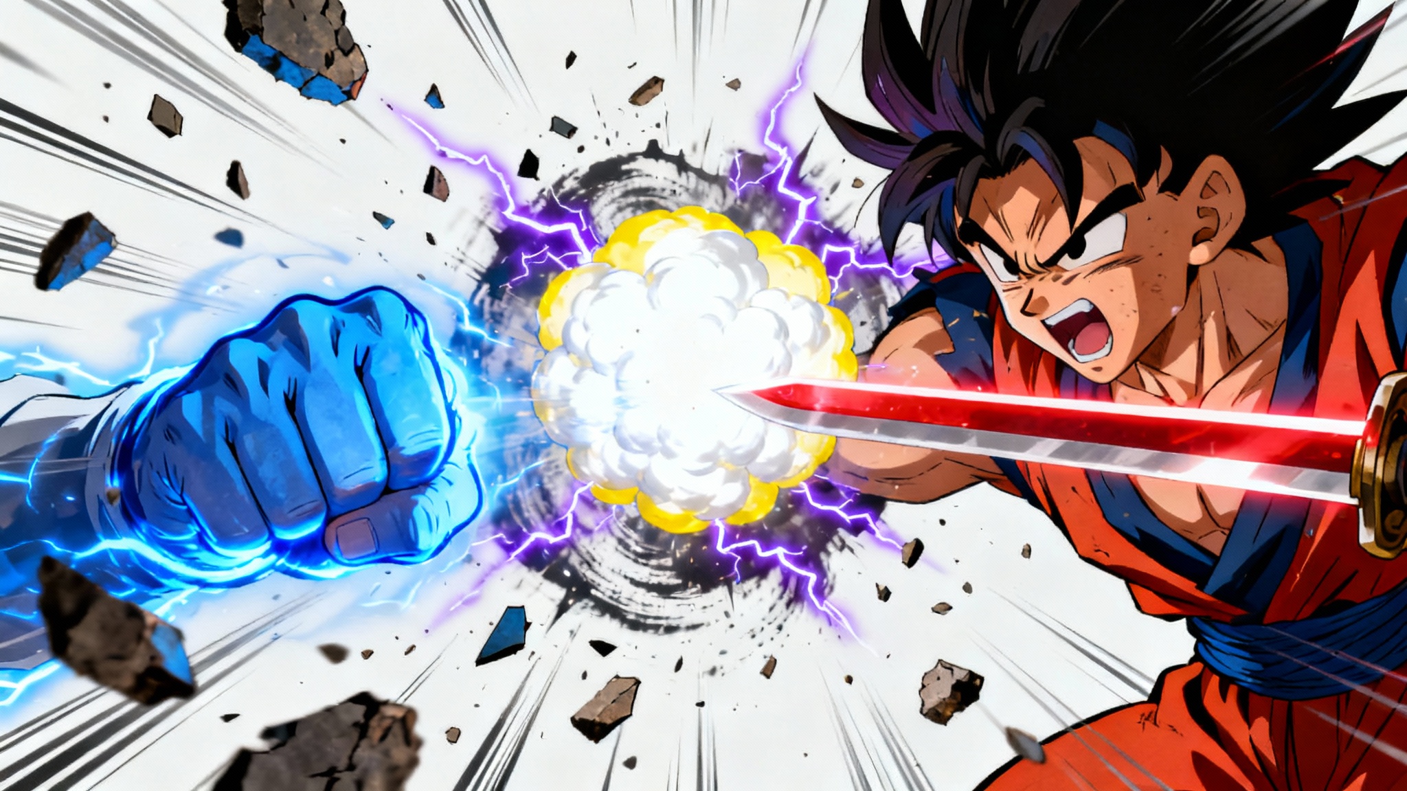 An explosive anime action scene depicting the moment of impact between a glowing fist and an energy sword, with bright flashes of light, electrical effects, and flying debris, all on a clean white background.