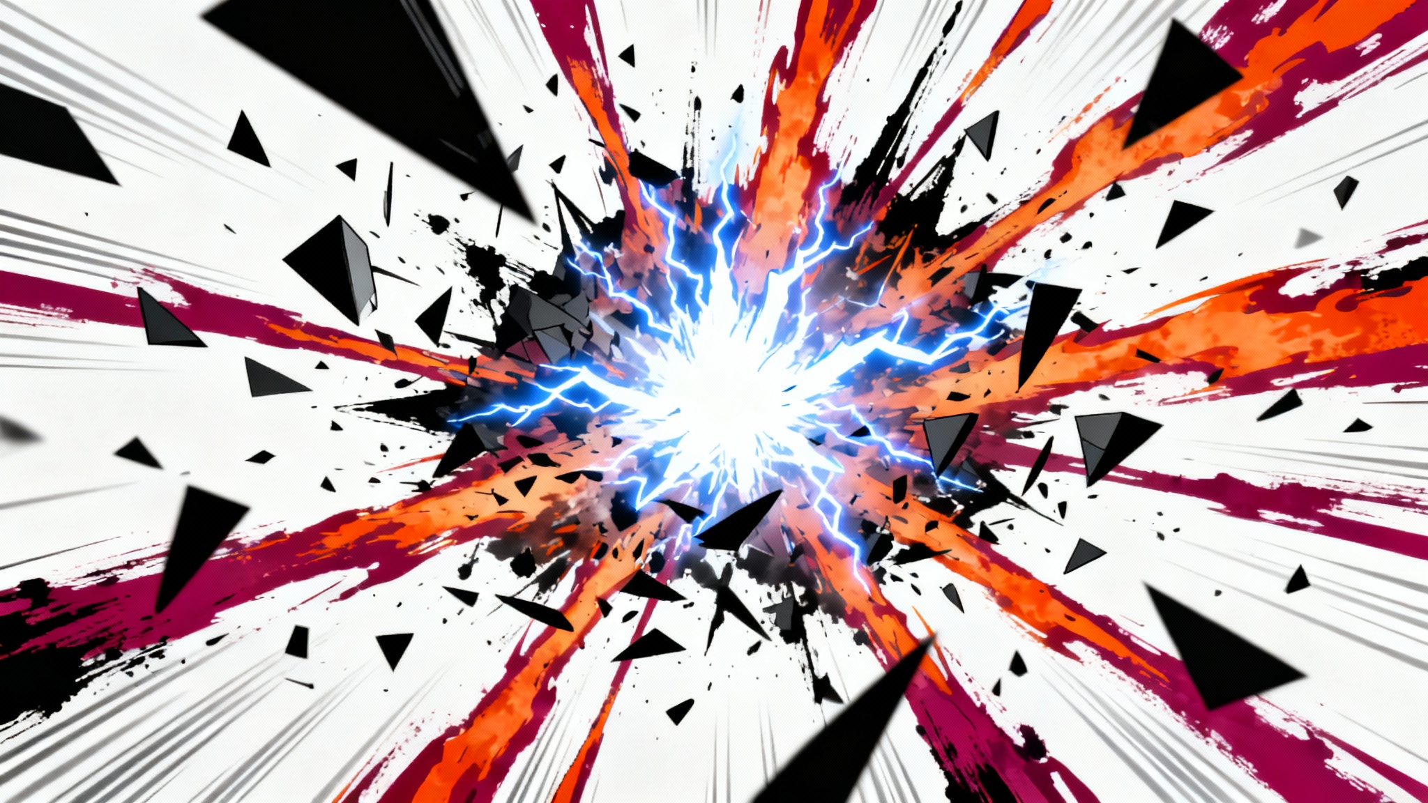 An explosive anime-style impact frame with radiating lines of electric blue and fiery orange energy, shattering into abstract shapes against a clean white background.