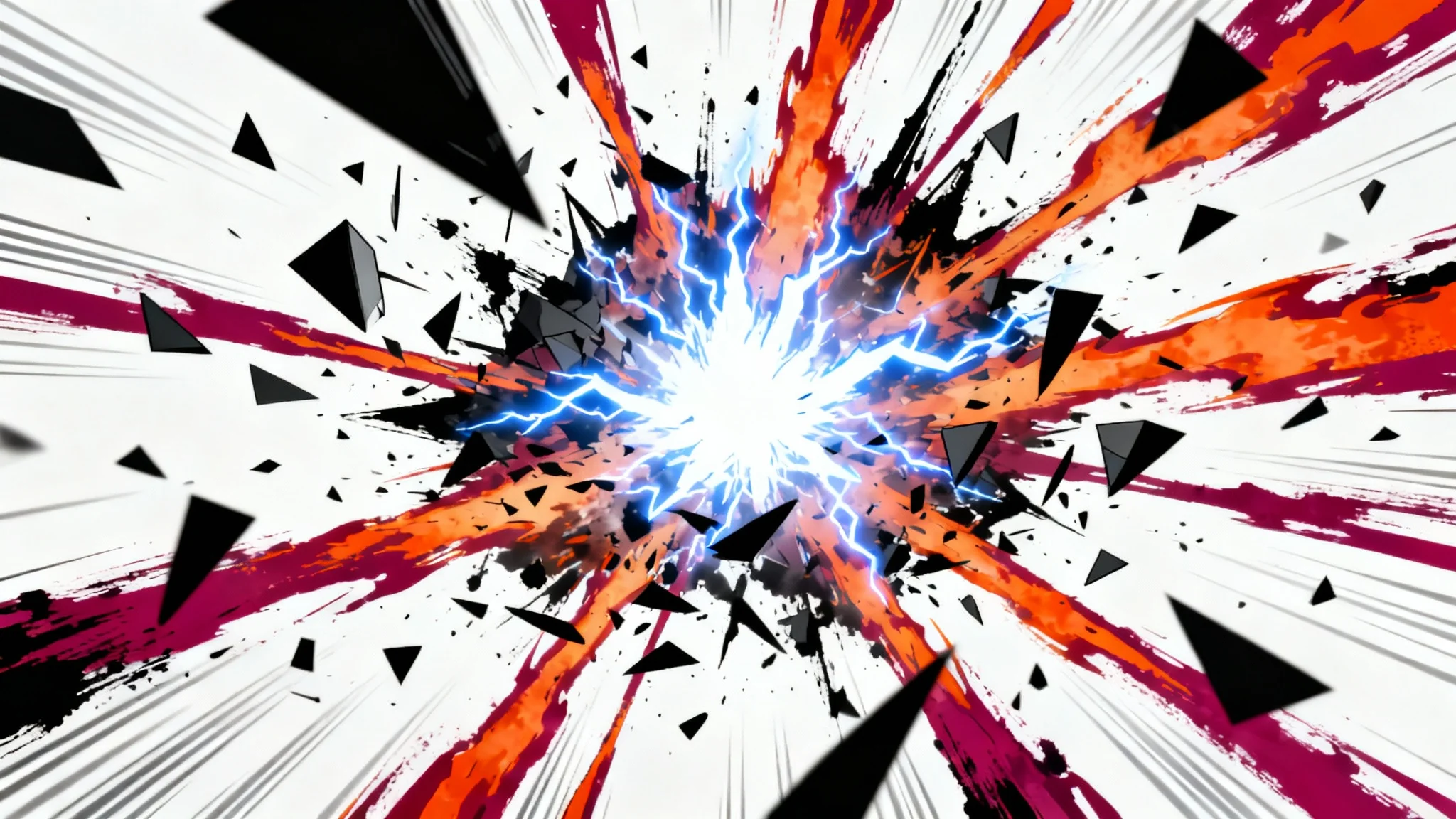 An explosive anime-style impact frame with radiating lines of electric blue and fiery orange energy, shattering into abstract shapes against a clean white background.
