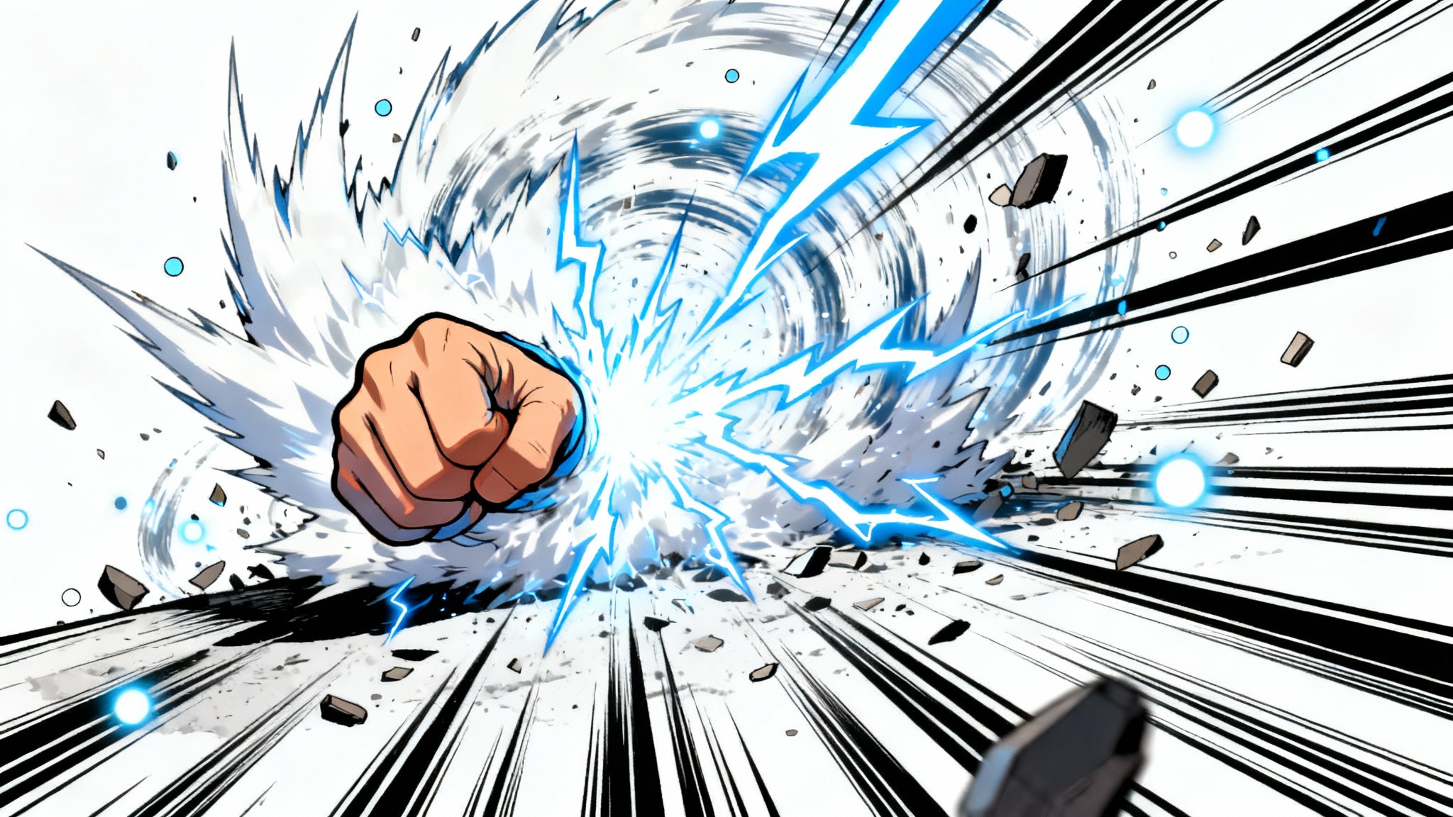A dynamic anime-style illustration of an impact frame, showing a powerful punch causing a blue and white energy explosion against a white background.