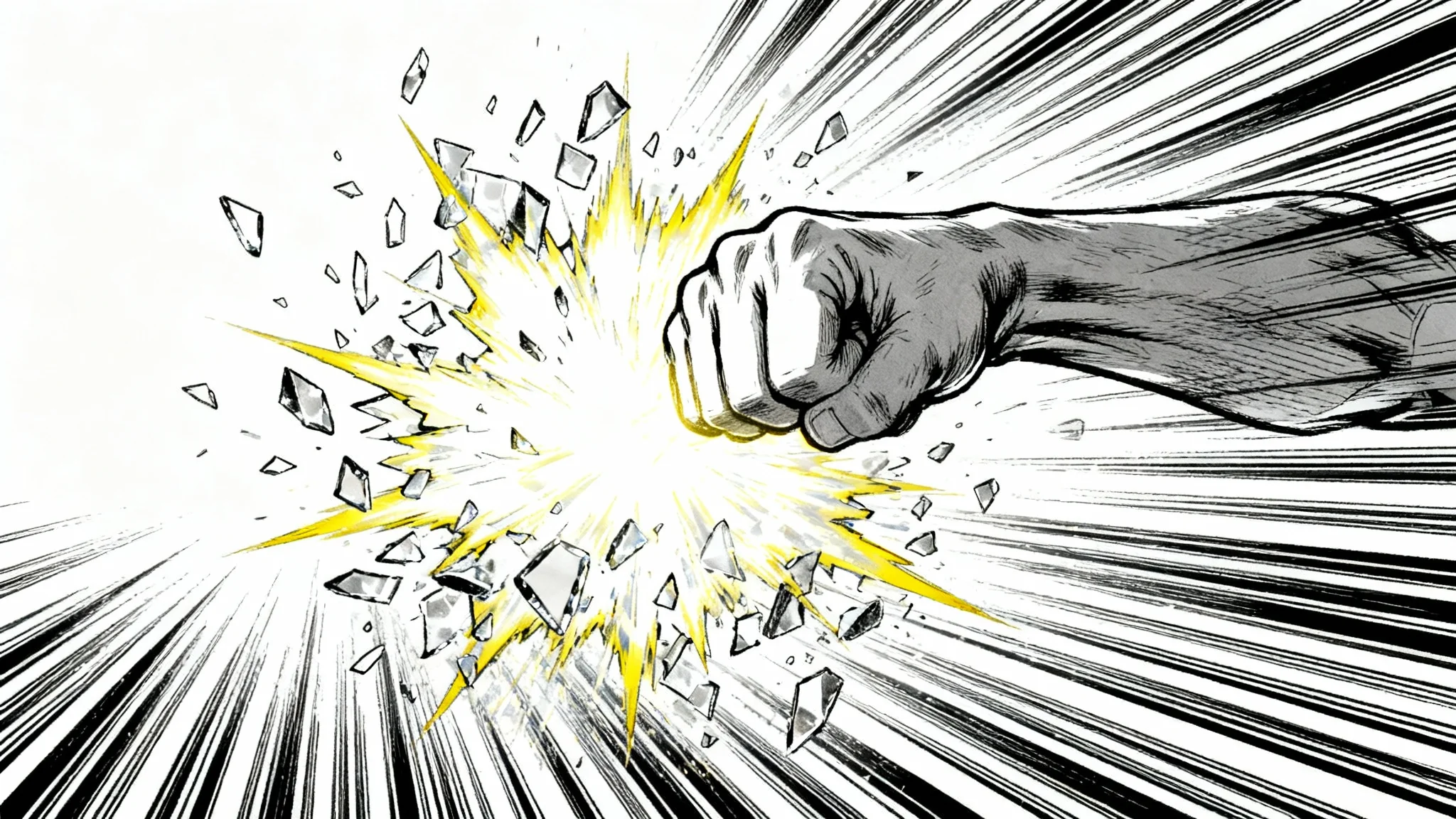 An explosive anime impact frame showing a powerful punch landing, creating a bright flash of light and radial speed lines on a white background, demonstrating a dynamic action scene.