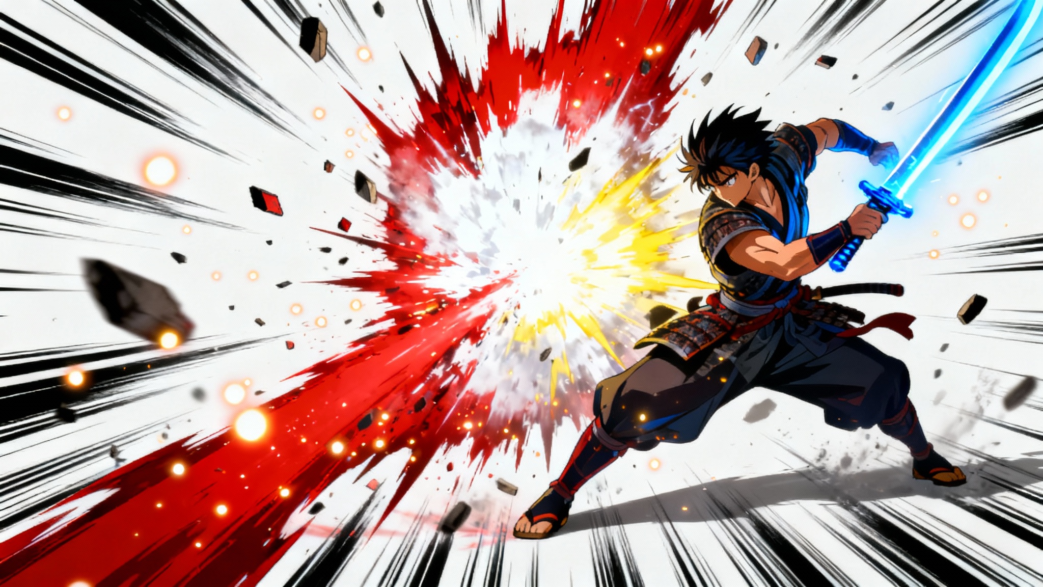 An explosive anime impact frame showing a powerful clash between a sword and an energy blast, with dramatic speed lines and particle effects radiating outwards on a white background.