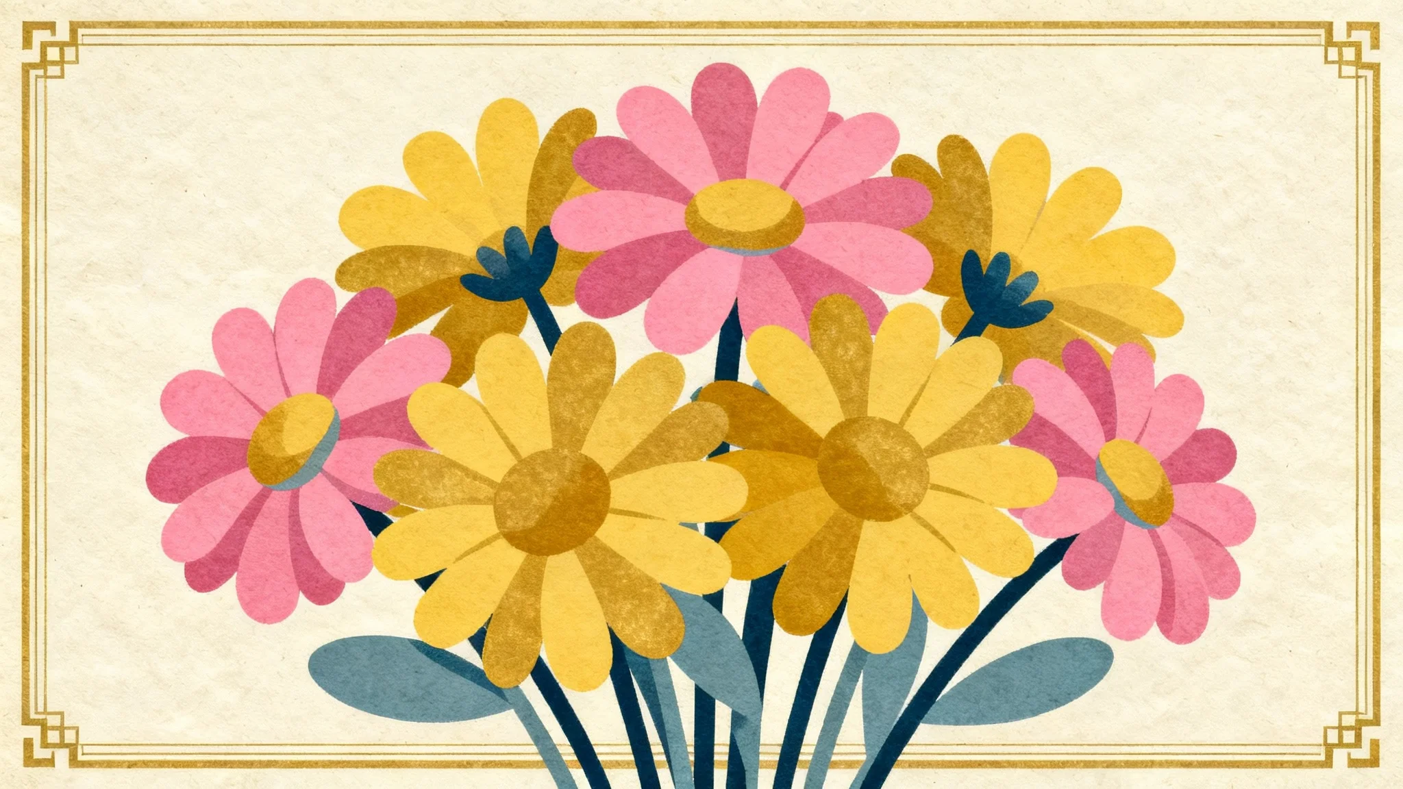 A vibrant retro-style illustration of a bouquet of daisies in pink, yellow, and blue, designed in the style of 1960s graphic art, set on a textured background with a decorative border.