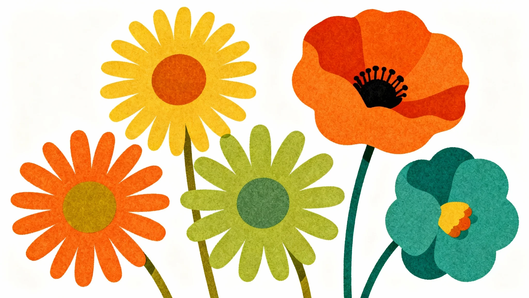 A retro-style illustration of stylized flowers in orange, yellow, and green, evoking a 1970s aesthetic, set against a plain white background.