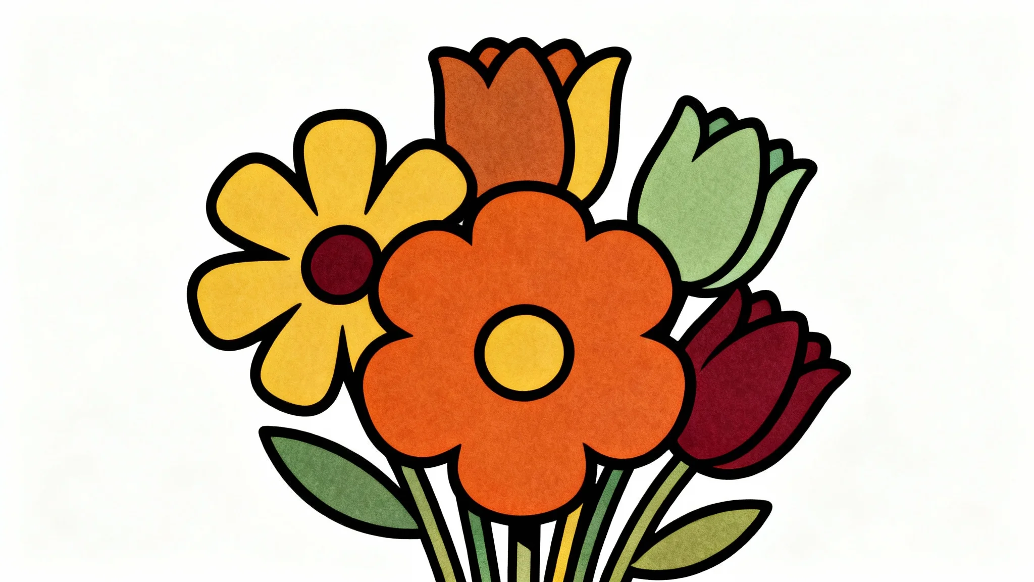 A 1970s retro-style illustration of several large, stylized flowers in a warm color palette of orange, yellow, and green, set against a plain white background.