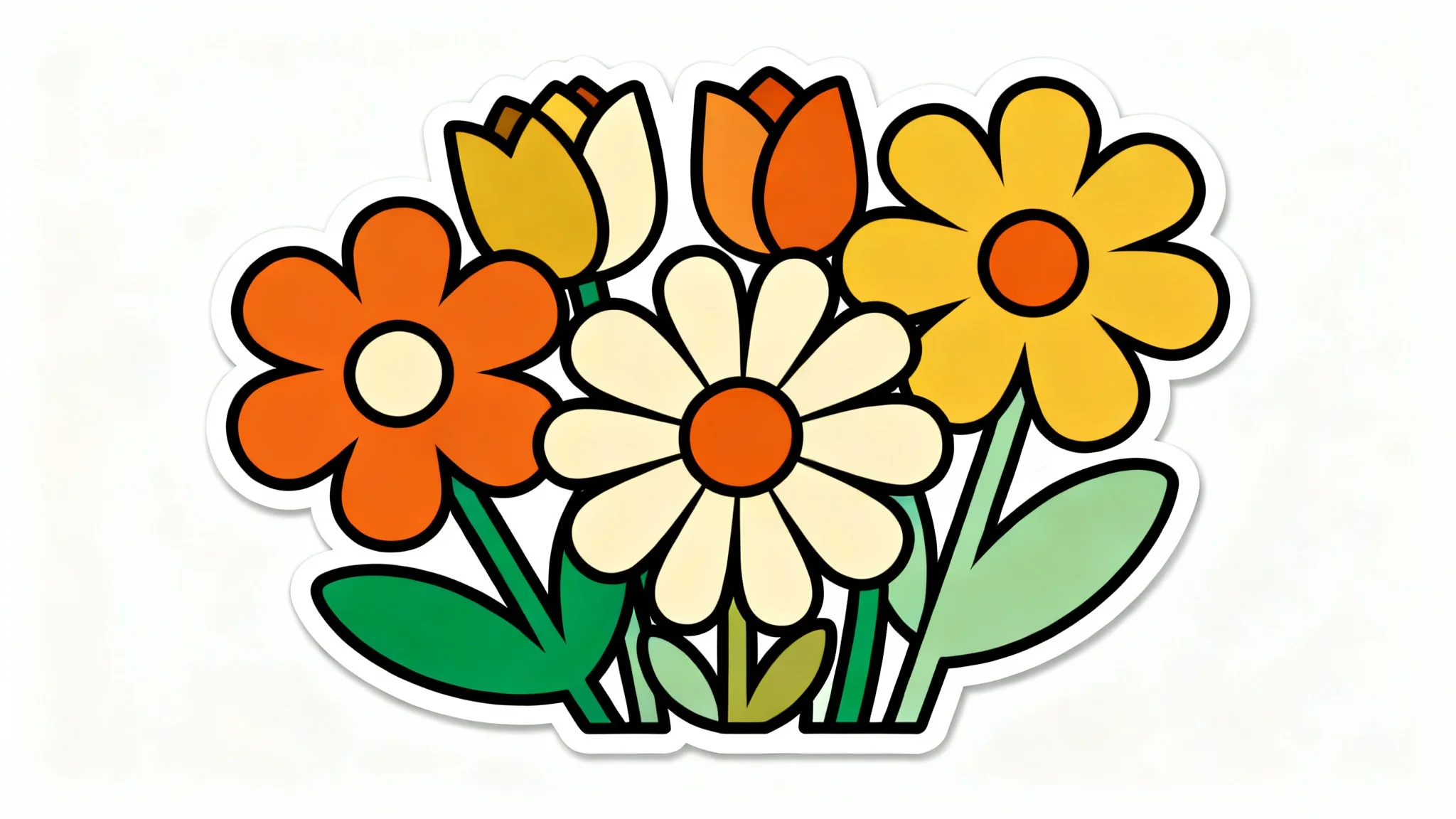 A retro 70s-style flower illustration featuring stylized daisies and tulips in burnt orange, mustard yellow, and avocado green, presented as a mockup on a clean white background.