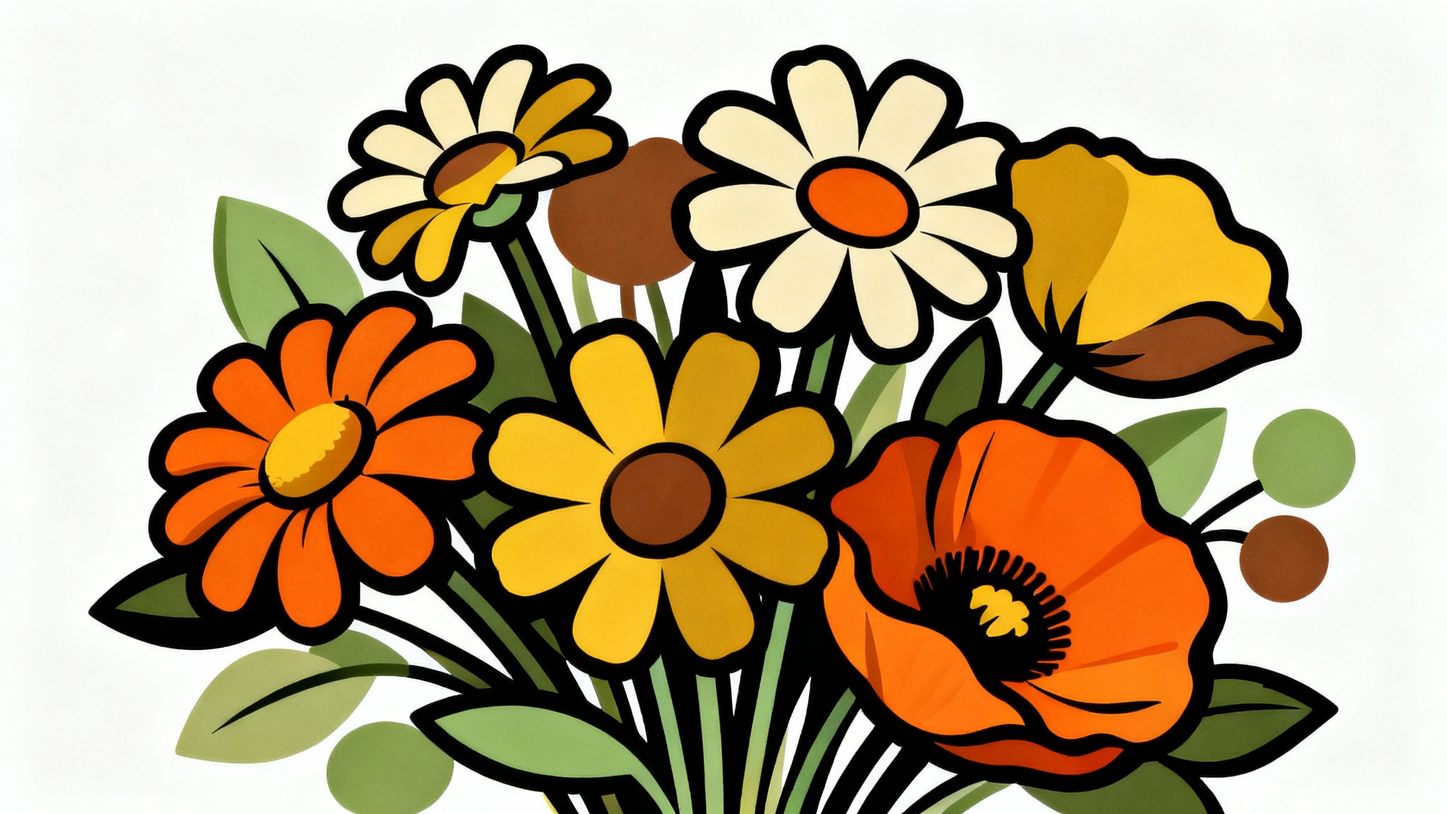 A retro-style illustration of stylized flowers in shades of orange, yellow, and green, with bold black outlines, set against a plain white background.