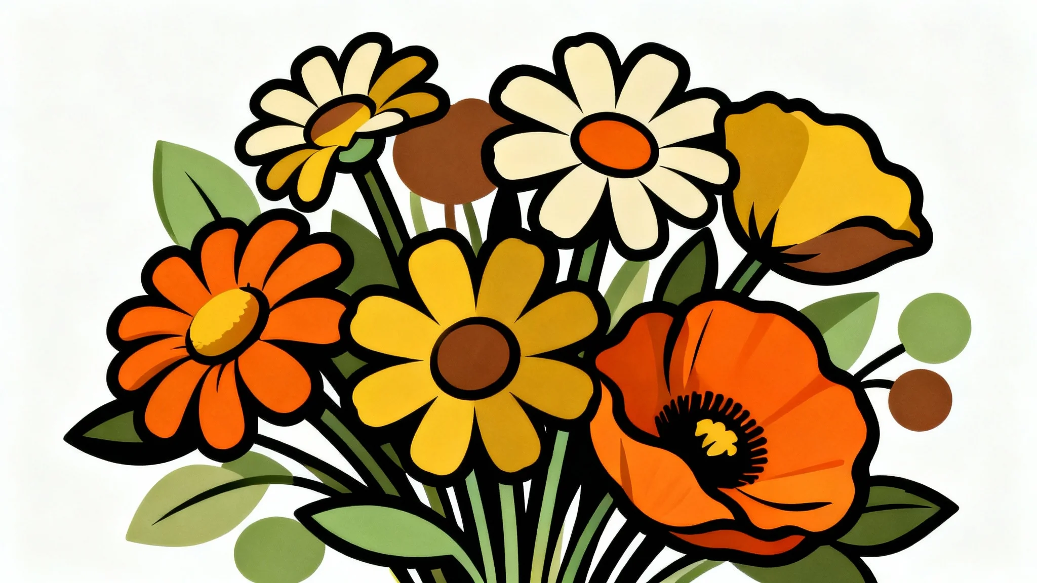 A retro-style illustration of stylized flowers in shades of orange, yellow, and green, with bold black outlines, set against a plain white background.